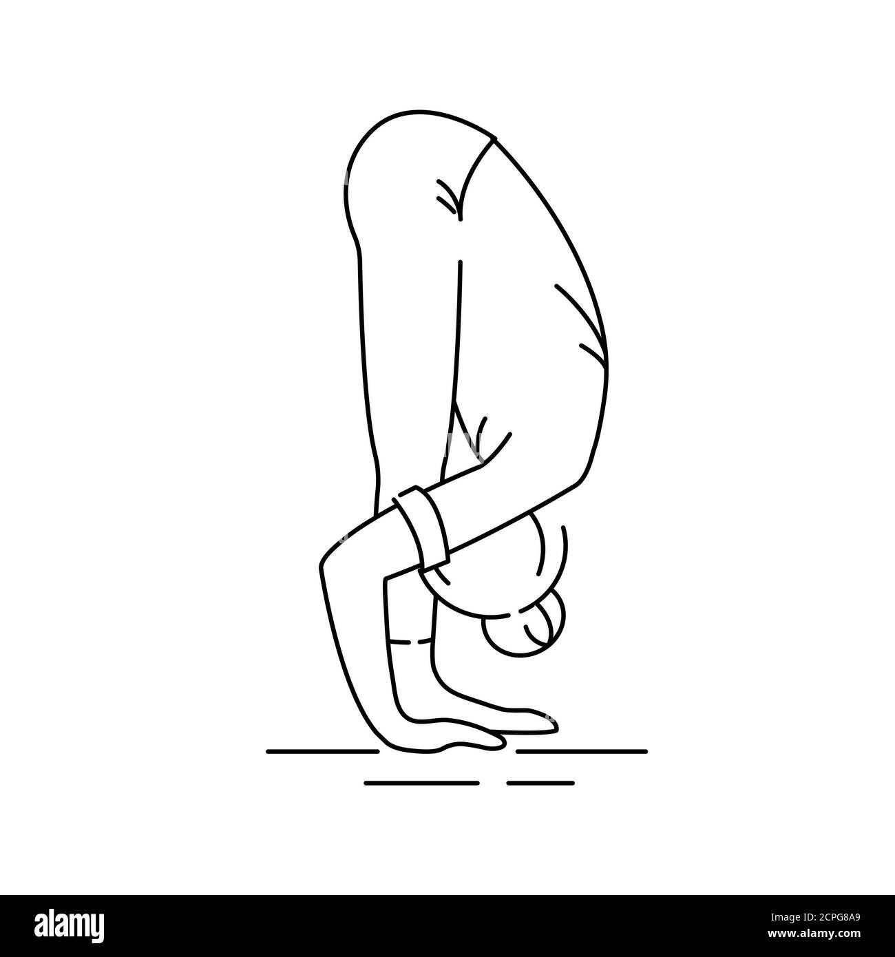 Uttanasana-Symbol mit schwarzer Linie. Beuge dich an den Hüften nach vorne, bis die Handflächen auf dem Boden platziert werden können, letztendlich hinter den Fersen. UI UX GUI DESIGN Stockfoto