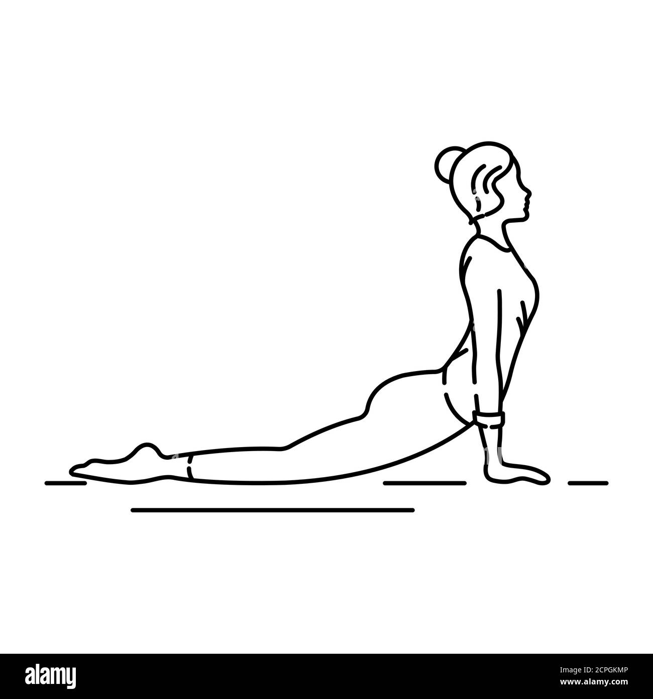 Cobra Pose Bhujangasana schwarze Linie Symbol. Zurücklehnendes Asana in Hatha Yoga und modernem Yoga als Übung. Piktogramm für Webseite, mobile App Stock Vektor