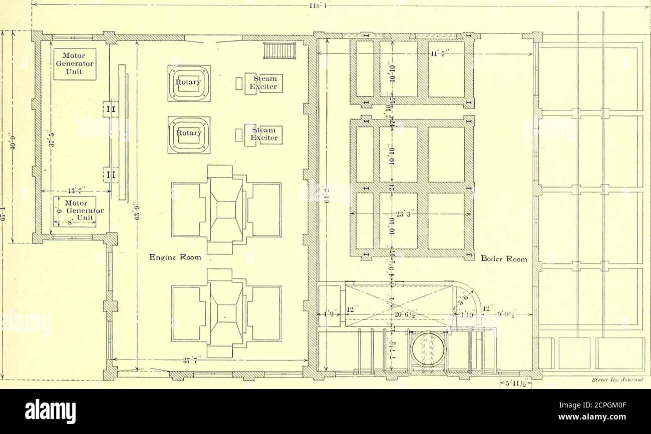 . Die Straßenbahn Zeitschrift . QUERSCHNITT DES KRAFTHAUSES Straße Iiij. Journal. Utre-et Ry, Ji-ur/ml-PLAN DES MOTOR- UND KESSELRAUMS Gusseisen-Rohrkrümmer. Die Abflüsse bestehen aus einem besonders schweren Glaskörper-Ton-Kanalisationsrohr. DECKENAUSRÜSTUNG die Stangenlinie besteht aus Zedernpfählen von 7-in. Top, 30 ft. Bis 50 ft. Hoch. Es werden extra schwere gelbe Kiefernkreuzarme und gal-vanisierte Eisenspangen verwendet. Die Übertragungsleitung besteht aus Aluminiumlitzen, die auf Locke 40,000-Volt-Glasisolatoren mit extra langparaffinierten Eichenstäben und speziellem verzinktem Firsteisen ausgeführt werden, während die Zuführleitung auch aus verseiltem Aluminium besteht Stockfoto