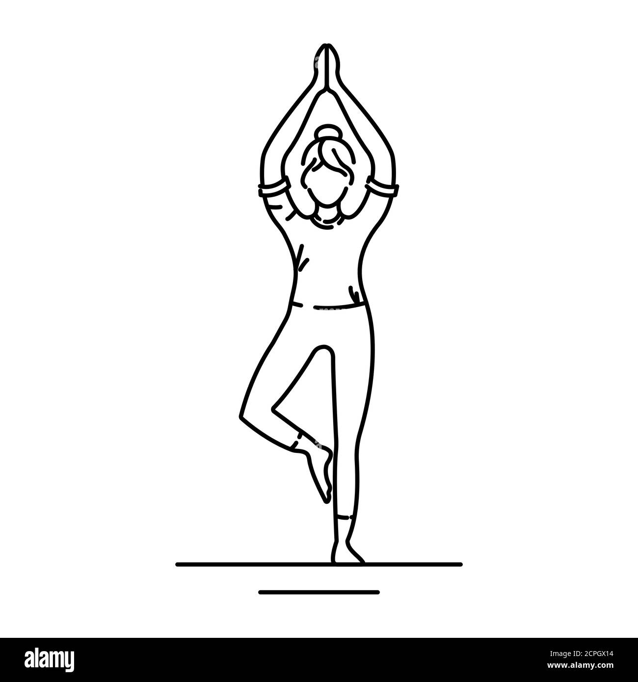 Baum Pose Vrikshasana schwarze Linie Symbol. Balancing Asana. Die gesamte Fußsohle bleibt mit dem Boden in Kontakt. Piktogramm für Webseite, mobile App Stock Vektor