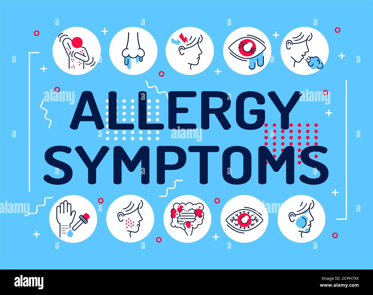 Allergiesymptome Wortschrift Typografie. Dermatologische, infektiöse Erkrankung. Infografiken mit linearen Symbolen auf dem Hintergrund. Kreative Idee Konzept Stockfoto