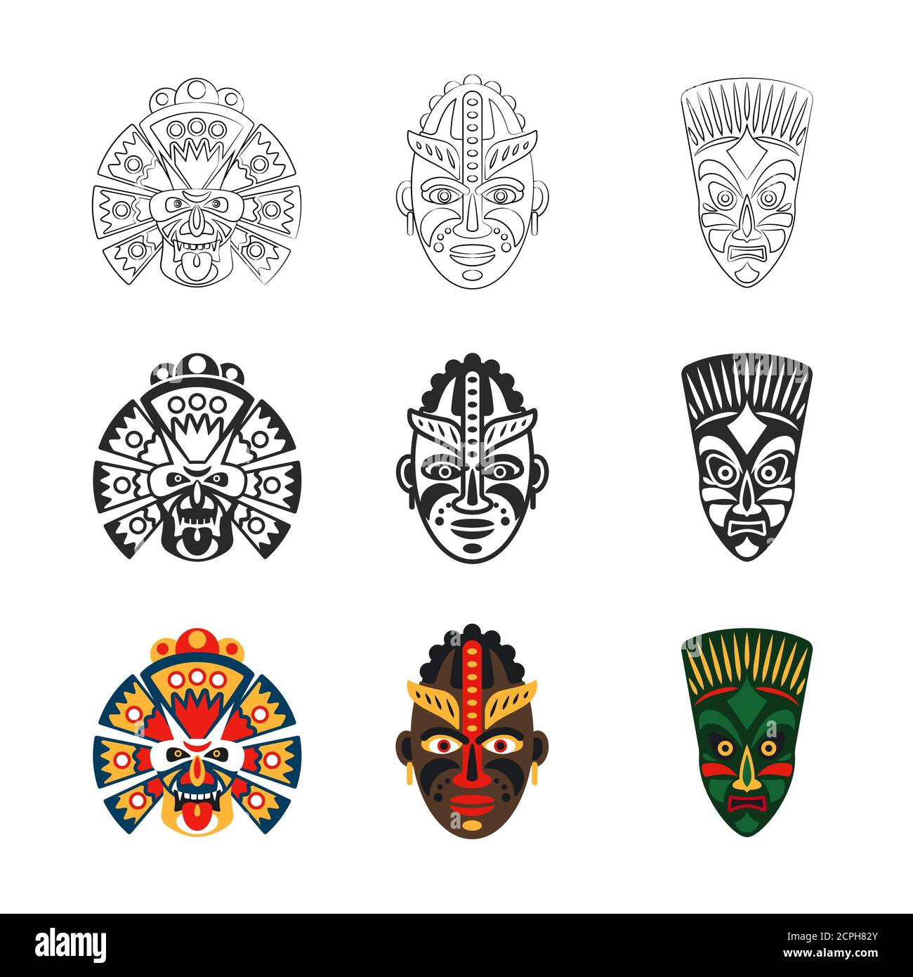 Umriss, Silhouette und bunte Tribal african Maske Icons set, Vektor-Illustration Stock Vektor