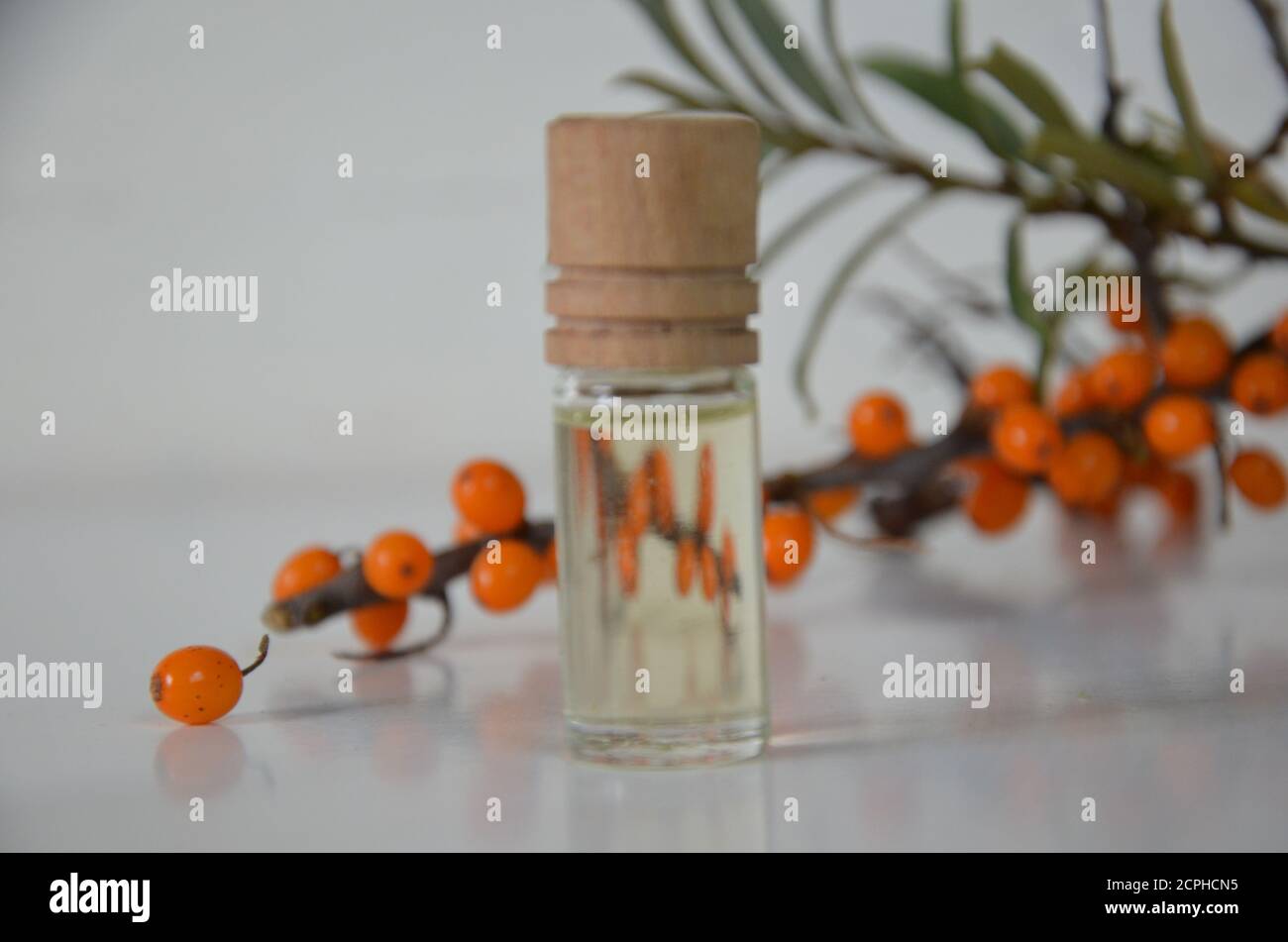 Sanddornbeeren Cluster und Ölflasche Glas isoliert auf a Weißer Hintergrund Stockfoto
