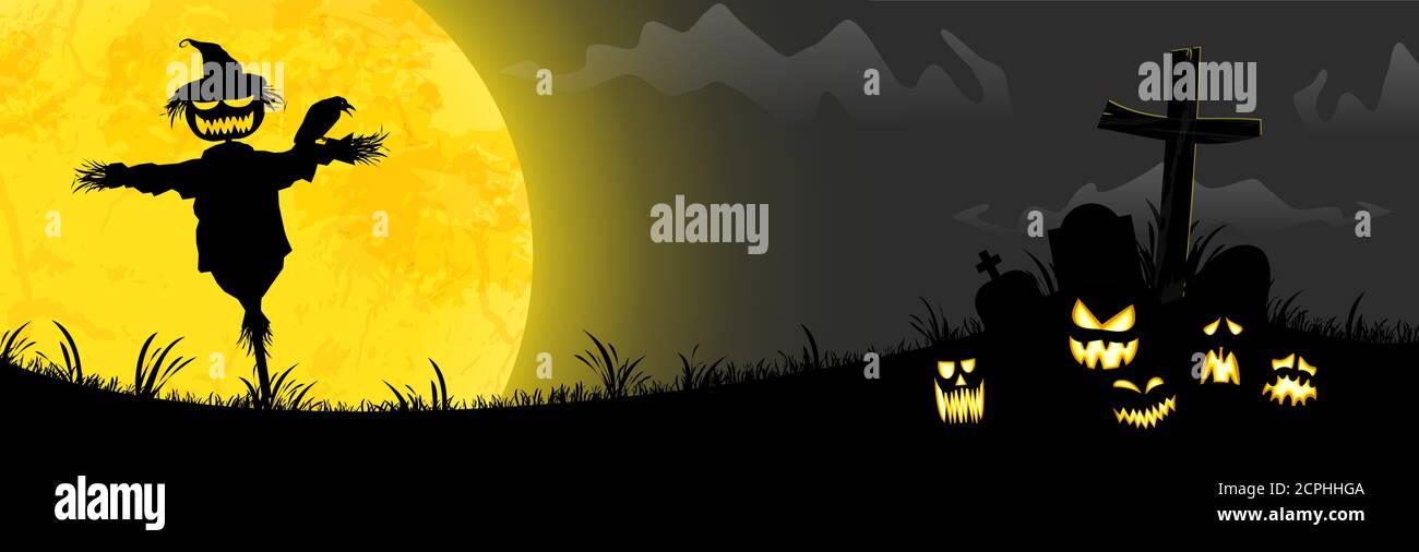 eps-Vektordatei mit dunkler Vogelscheuche vor voll Gelber Mond mit beängstigenden illustrierten Elementen für Halloween Hintergrund Layouts Stock Vektor