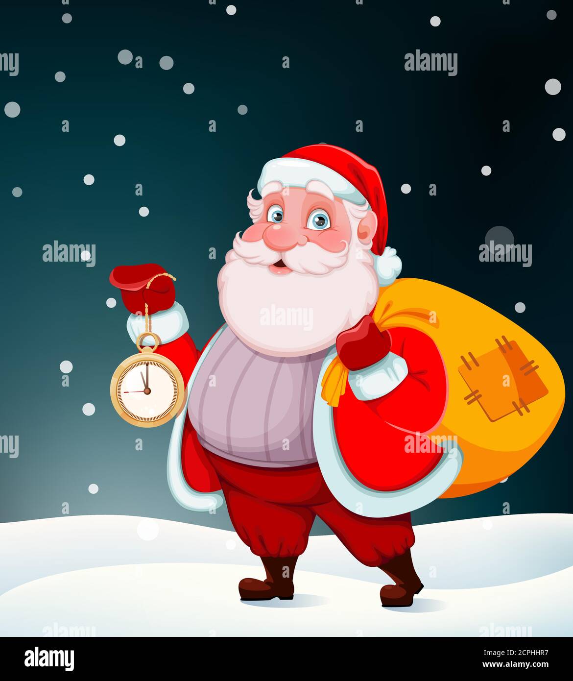 Frohe Weihnachten und Frohes neues Jahr. Fröhlicher Weihnachtsmann mit Uhr und Sack mit Geschenken. Vektorgrafik Stock Vektor