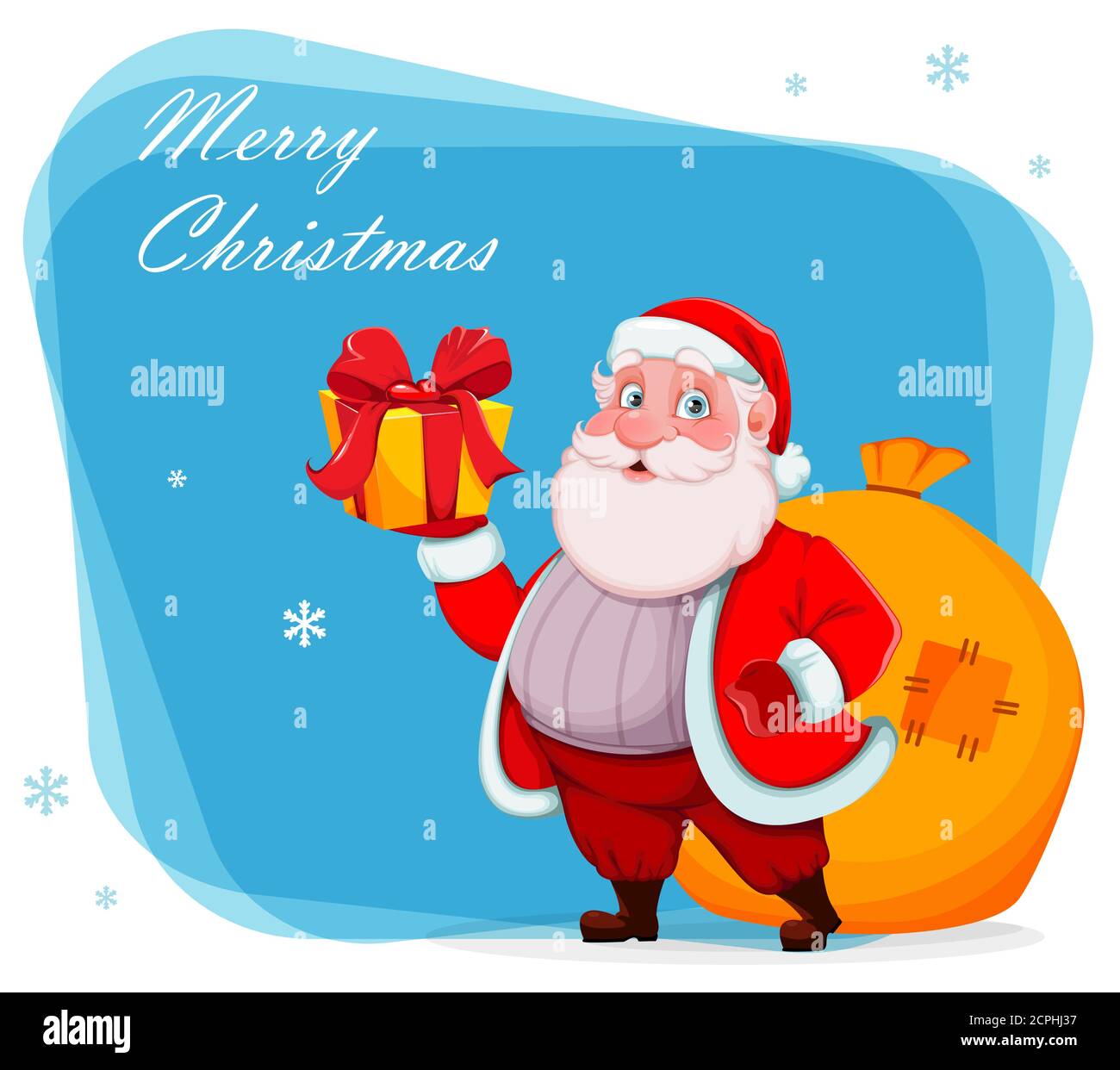 Frohe Weihnachten und ein glückliches neues Jahr Grußkarte. Fröhlicher Weihnachtsmann hält Geschenkbox und Sack mit Geschenken. Vektorgrafik Stock Vektor