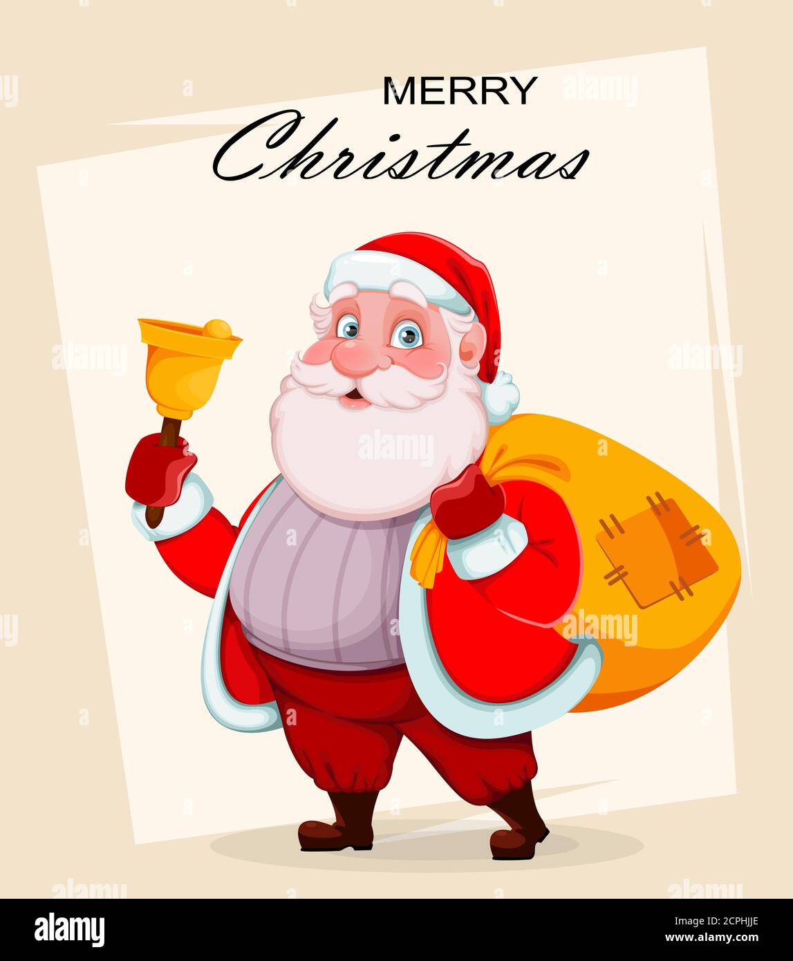 Frohe Weihnachten und ein glückliches neues Jahr Grußkarte. Fröhlicher Weihnachtsmann hält Hand Glocke und Sack mit Geschenken. Vektorgrafik Stock Vektor