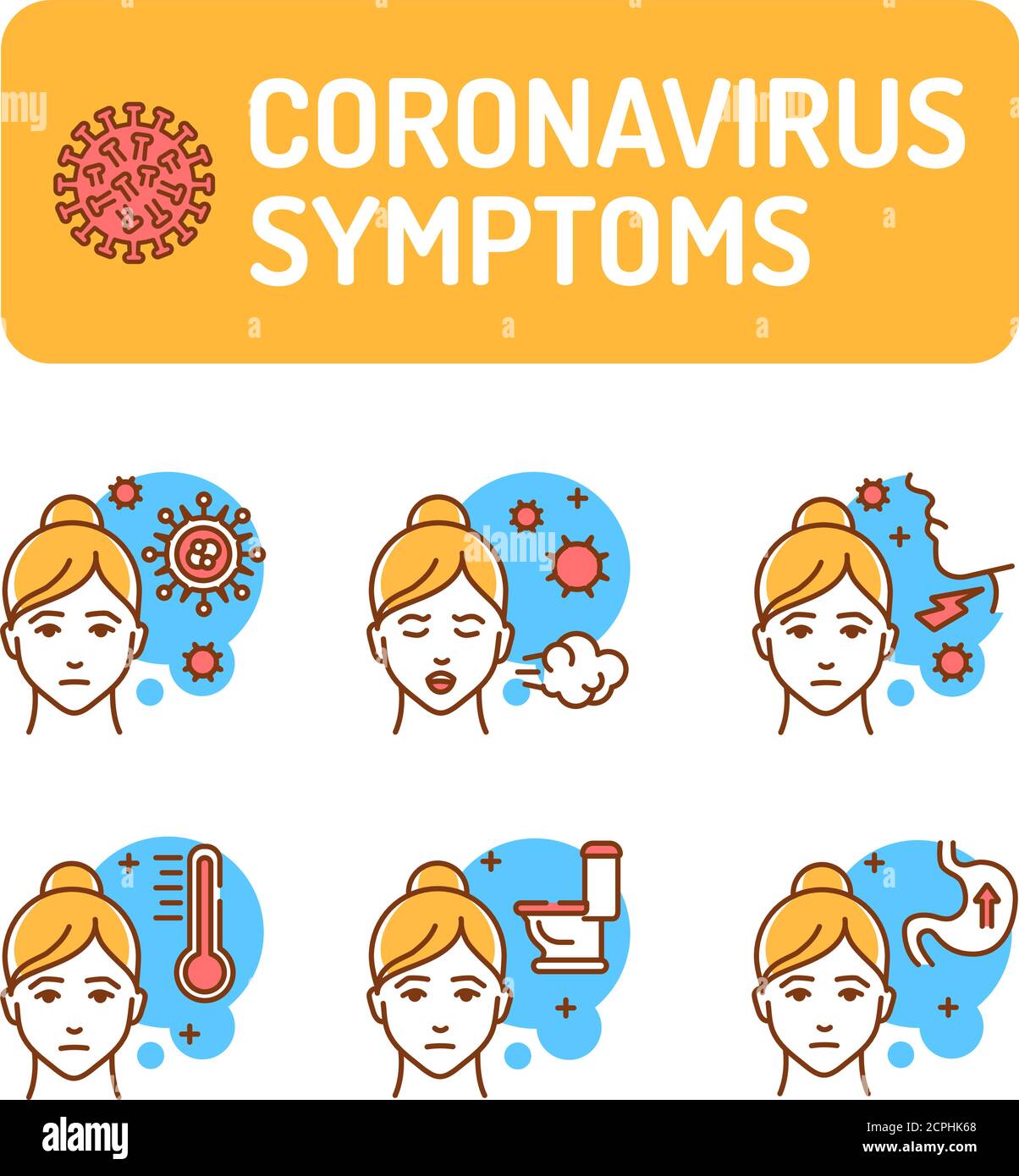 Coronavirus Symptome Farbe Linie Symbole gesetzt. Gefährliche chinesische nCoV. Piktogramm für Webseite, mobile App, Promo. UI UX GUI Design Element. Editierbar Stock Vektor