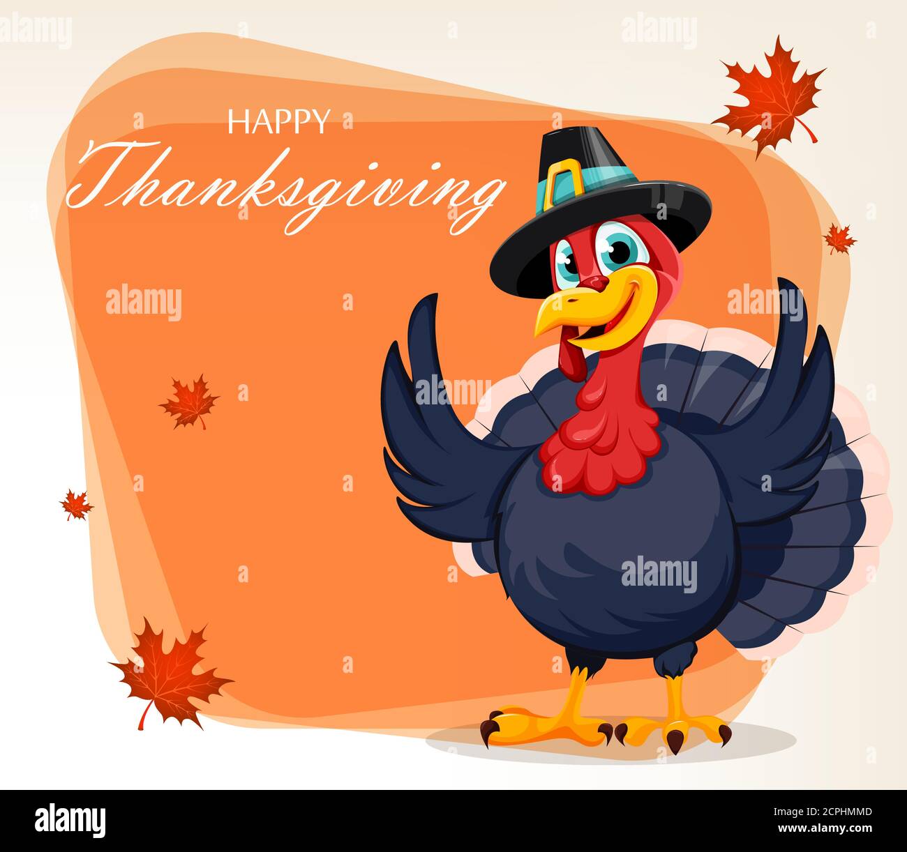 Grußkarte zum Erntedankfest. Lustige Thanksgiving Türkei Vogel Cartoon Charakter. Vektorgrafik Stock Vektor