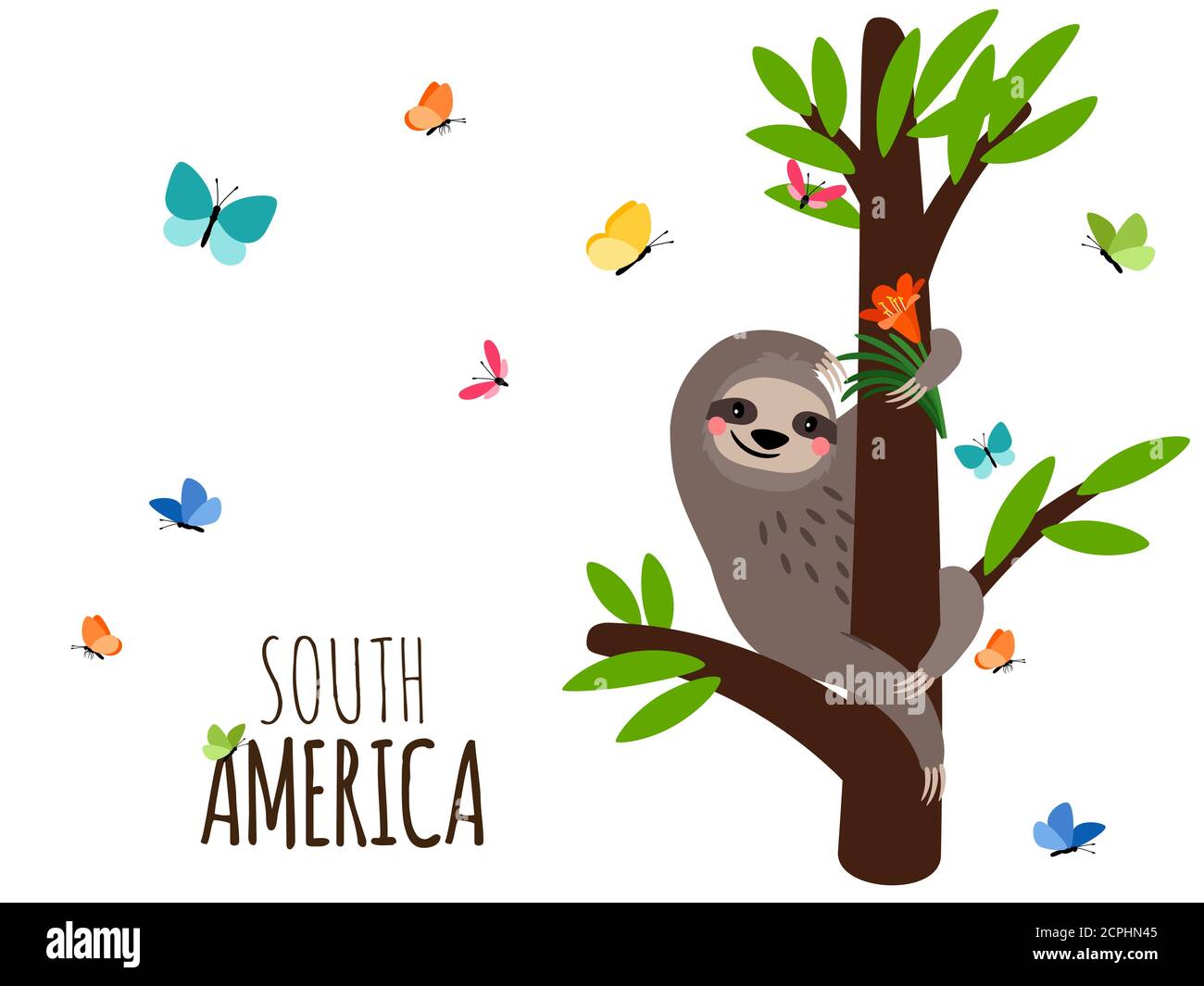 Südamerika Willkommensbanner mit Faultier, Blumen und Schmetterlingen. Säugetier wilden Charakter, exotisch langsam und faul. Vektorgrafik Stock Vektor