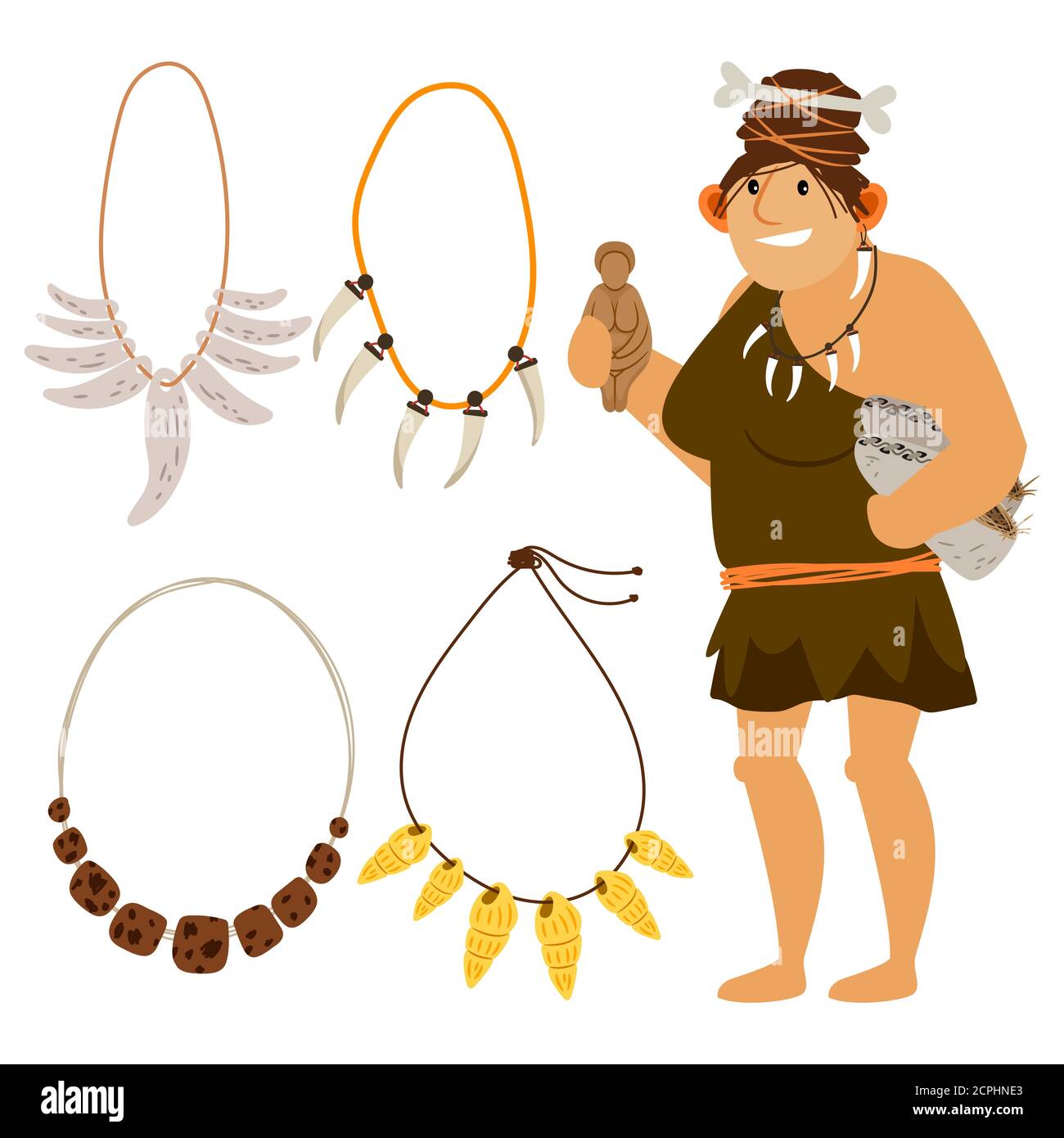 Steinzeit Karikatur Illustration. Prähistorische primitive Frau einkaufen Schneeschuh, Halsketten von Eckzähnen und Amulette isoliert auf weißem Hintergrund, Vektor-Icons Stock Vektor