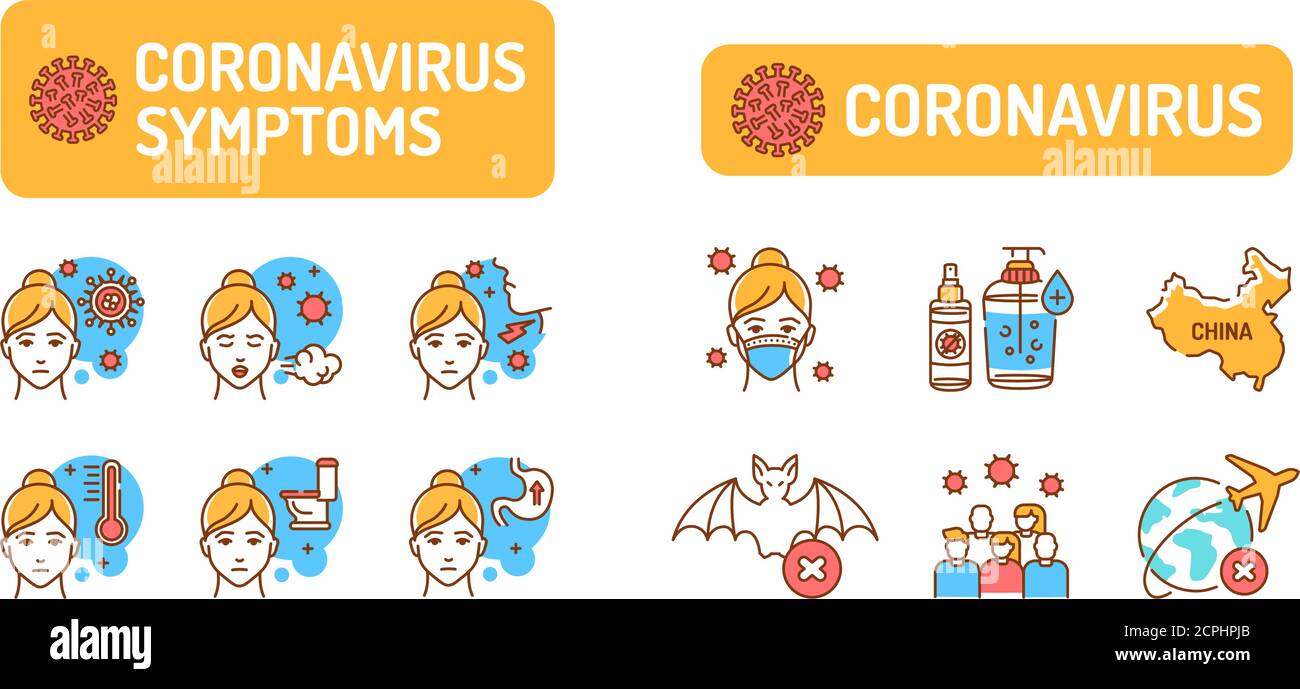 Wuhan Novel Coronavirus 2019-nCoV Farbe Linie Symbole gesetzt. Symptome gefährliche chinesische Virus Piktogramm für Web-Seite, mobile App, promo. UI UX GUI DESIGN Stock Vektor