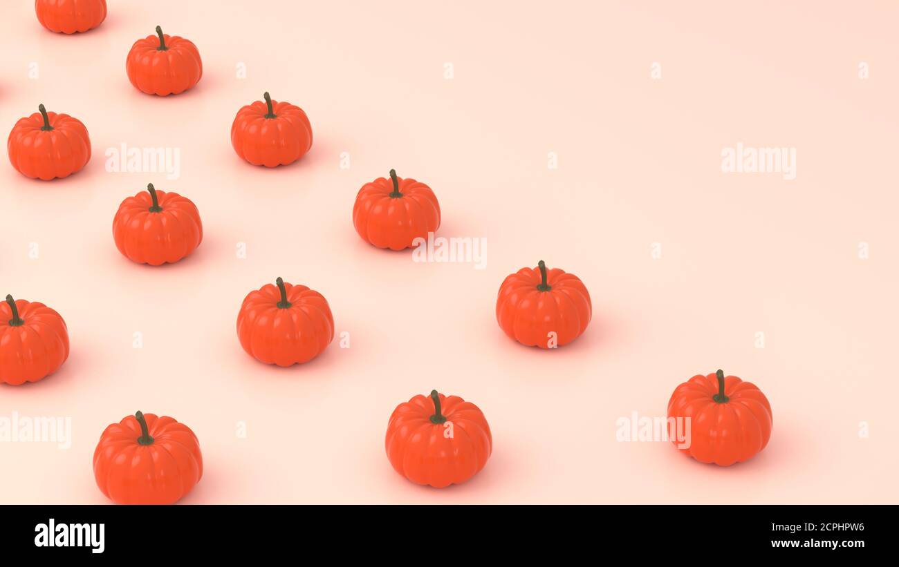 Moderne Kürbisse Muster isoliert auf pastellgelbem Hintergrund mit Halloween Kürbis mit Kopieplatz für Text. Halloween-Konzept. 3d-Rendering. Stockfoto