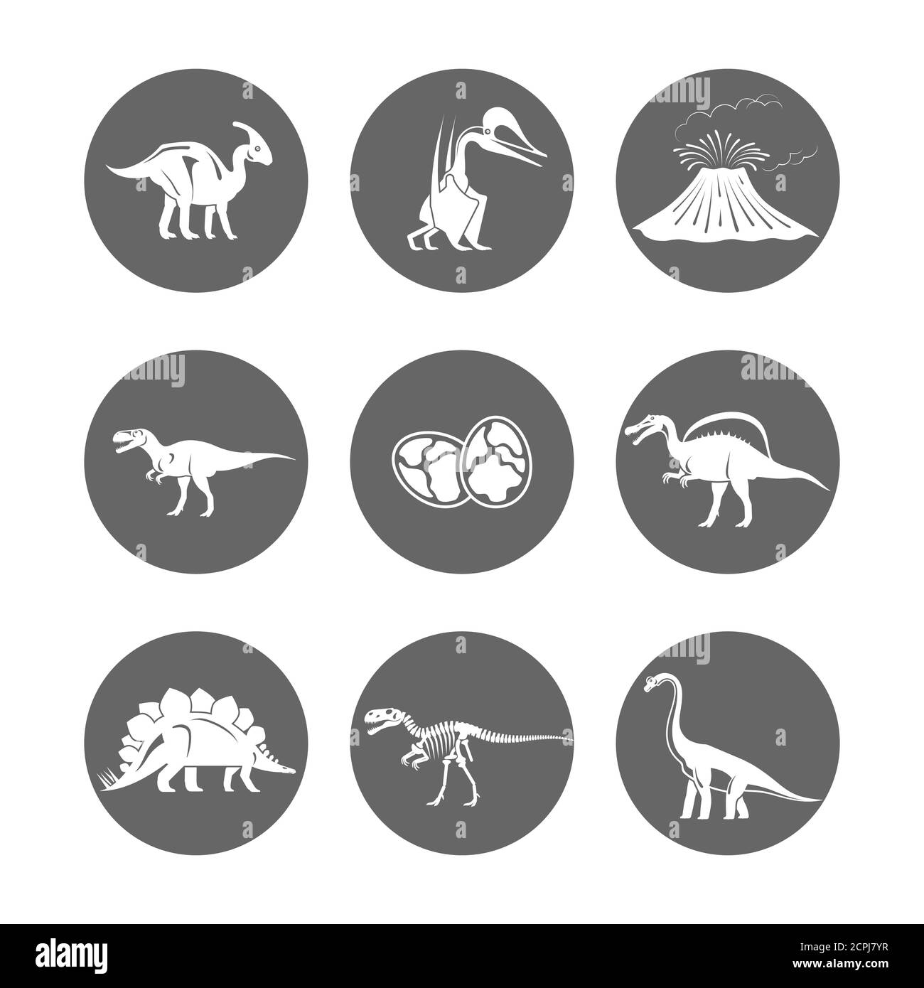 Dinosaurier Symbole Vektor. Dinosaurier Ei und Vulkan, Dinosaurier Skelett und Tyrannosaurus Silhouetten Ikone. Illustration der Silhouette runde Ikonen mit prähistorischen Tieren Stock Vektor