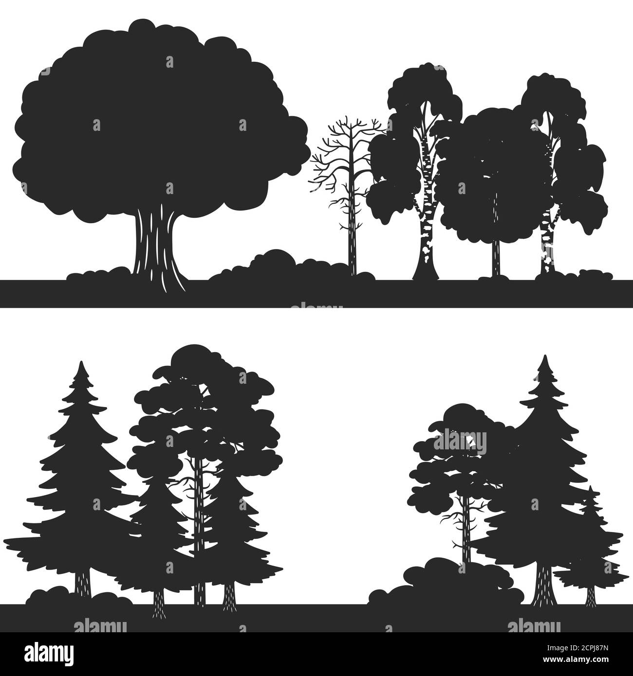 Schwarzer Vektor Wald Bäume Silhouetten Hintergrund. Wald Silhouette Illustration, Holz Eiche und immergrün Stock Vektor