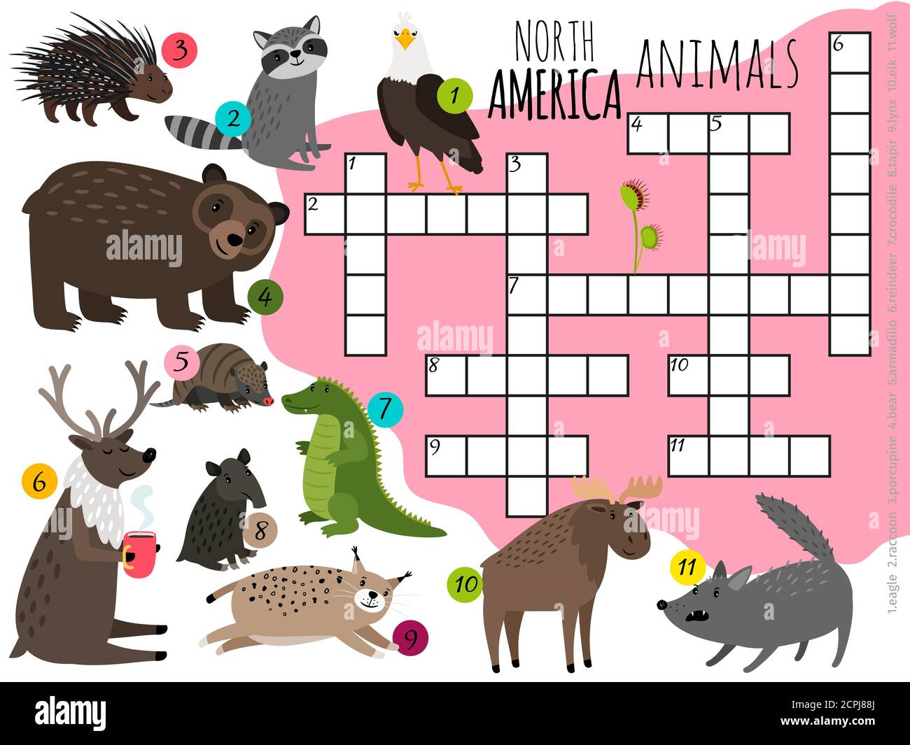 Cartoon Nordamerika Tiere Kinder Kreuzworträtsel Vektor-Design. Illustration von Krokodil und Dachs, Waschbär und Bär, Luchs und Hirsch Stock Vektor