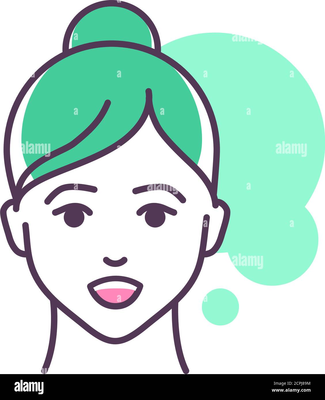 Menschliches Gefühl Bewunderung Linie Farbe Symbol. Gesicht eines jungen Mädchens Darstellung Emotion Skizze Element. Niedlichen Charakter auf grünem Hintergrund. Umrissvektor Stock Vektor