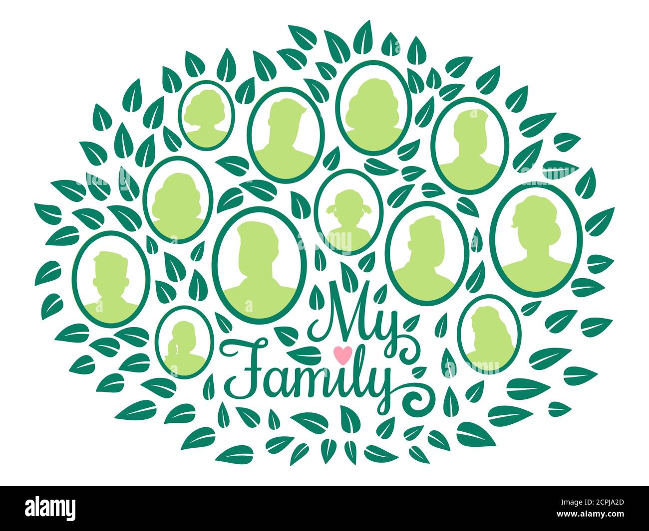 Genealogischer Stammbaum, meine Familie grün Laub Vektor-Illustration isoliert auf weißem Hintergrund. Baumgenerationszweig, genealogische Geschichte Stock Vektor