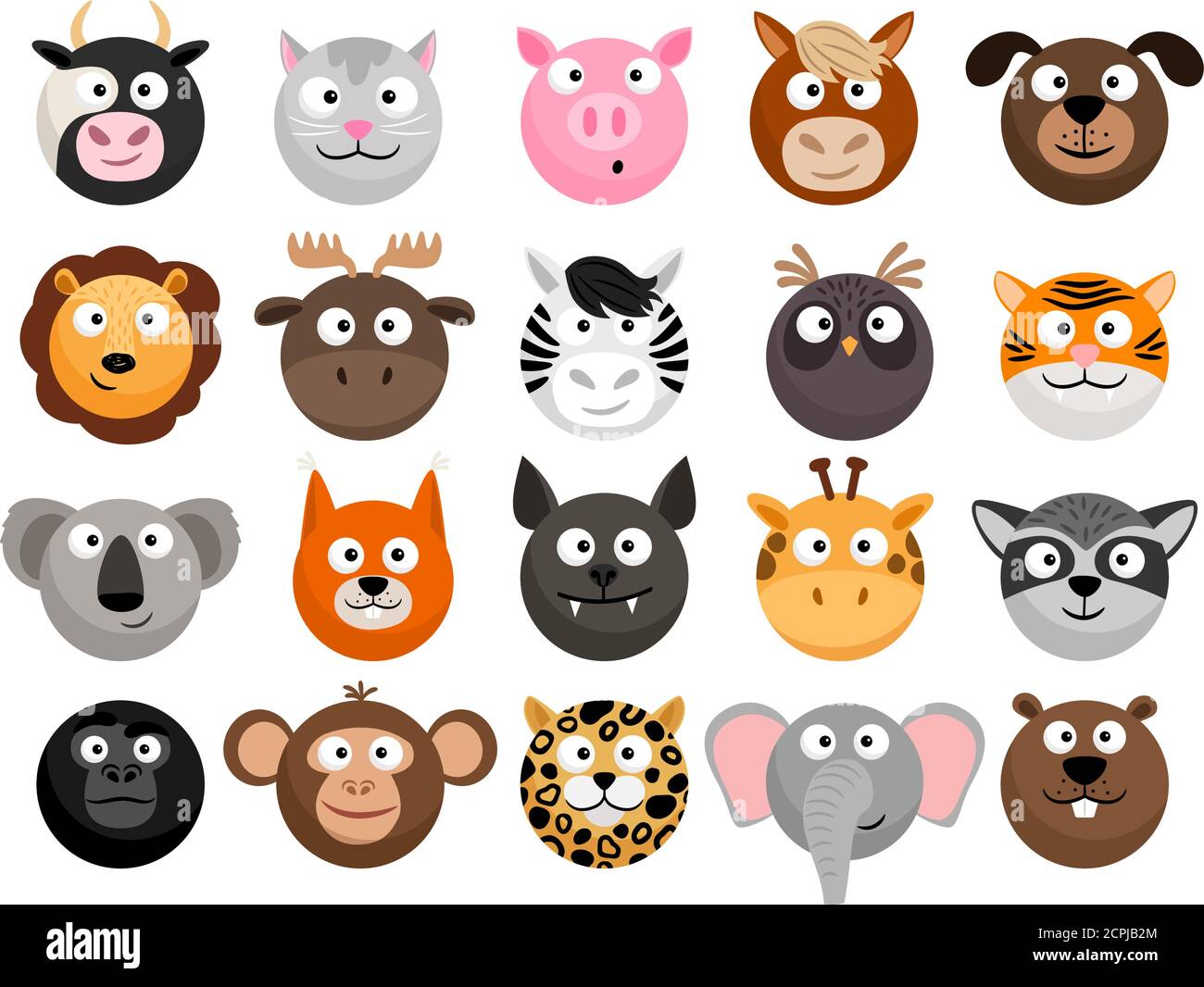 Tieremoticons. Pferd und Zebra Köpfe, Affen und Hund Gesicht Symbole, Tiger und Elefant lustige Freund Cartoon Pack isoliert auf weiß, Vektor-Illustration Stock Vektor