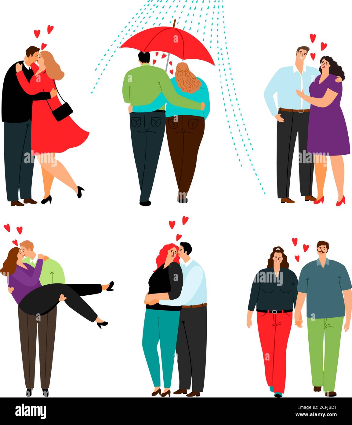 Lässige Liebespaare. Happy Cartoon junges Paar in der Liebe mit schönen Männern und Frauen Romantik Menschen isoliert auf weißem Hintergrund, Vektor-Illustration Stock Vektor