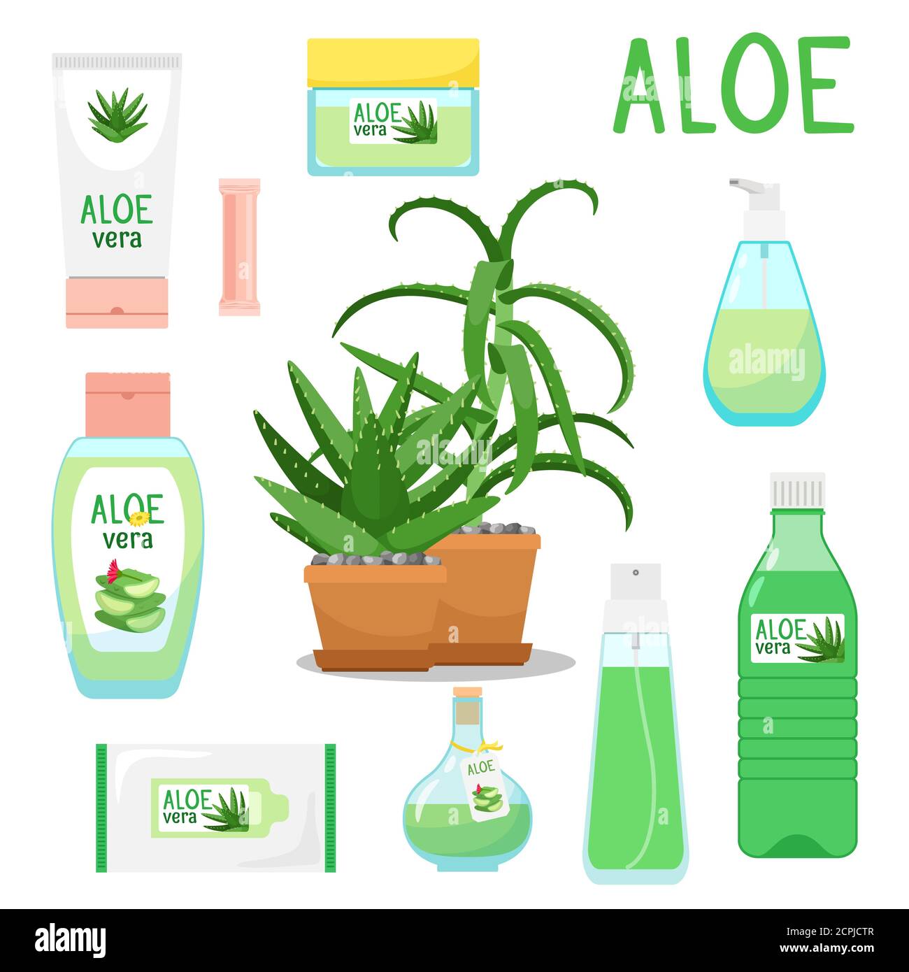 Aloe Vera. Cartoon Aloe Vera Produkte und Kosmetik, Pflanze in Topf und  Saft und Kruter Schnheit Produktverpackung fr die Hautpflege,  Vektor-Illustration Stock-Vektorgrafik - Alamy