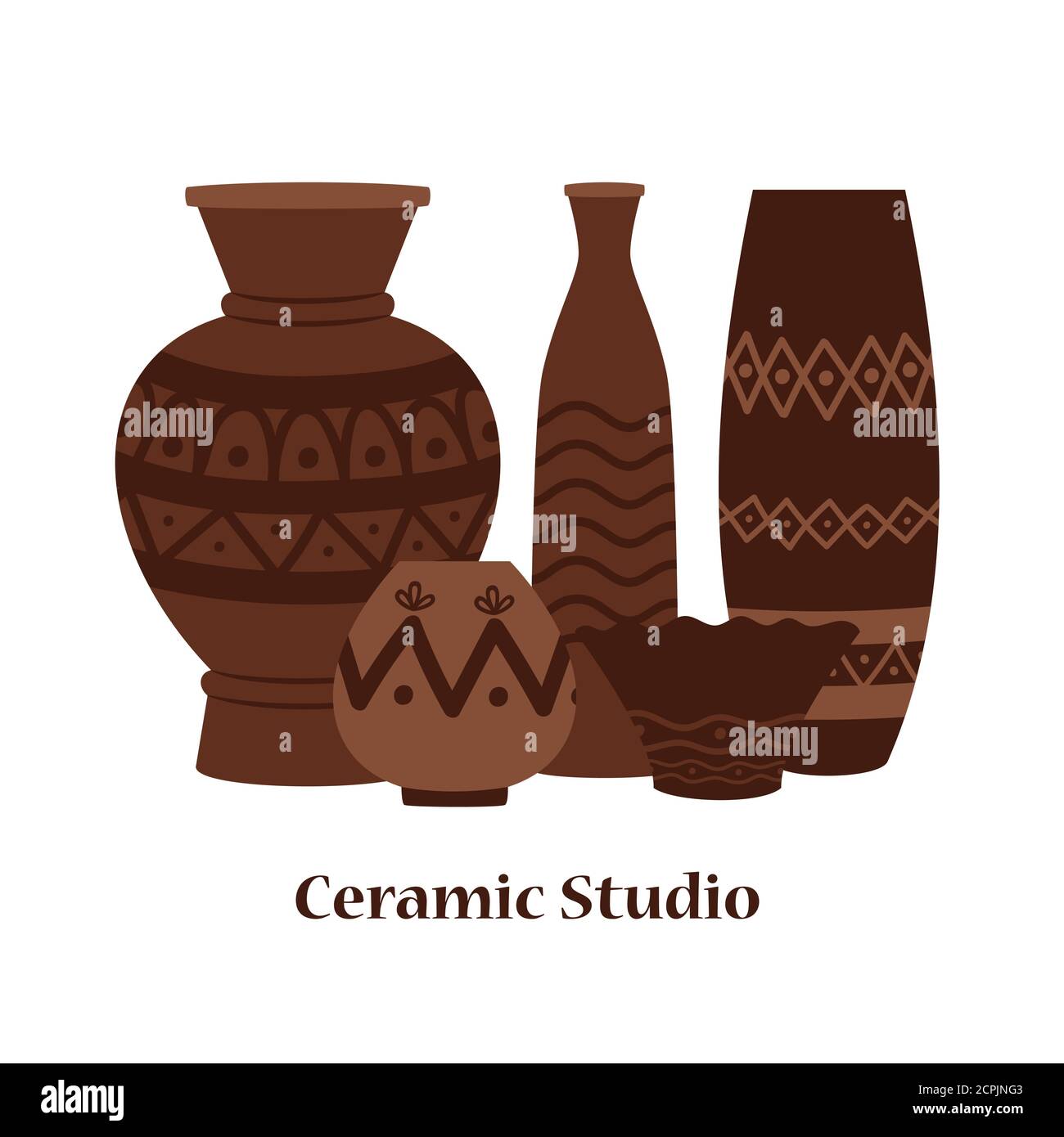 Keramik Studio Emblem Vektor-Design mit Ton Vasen und Töpfe. Illustration von Ton römischen traditionellen Vase Stock Vektor