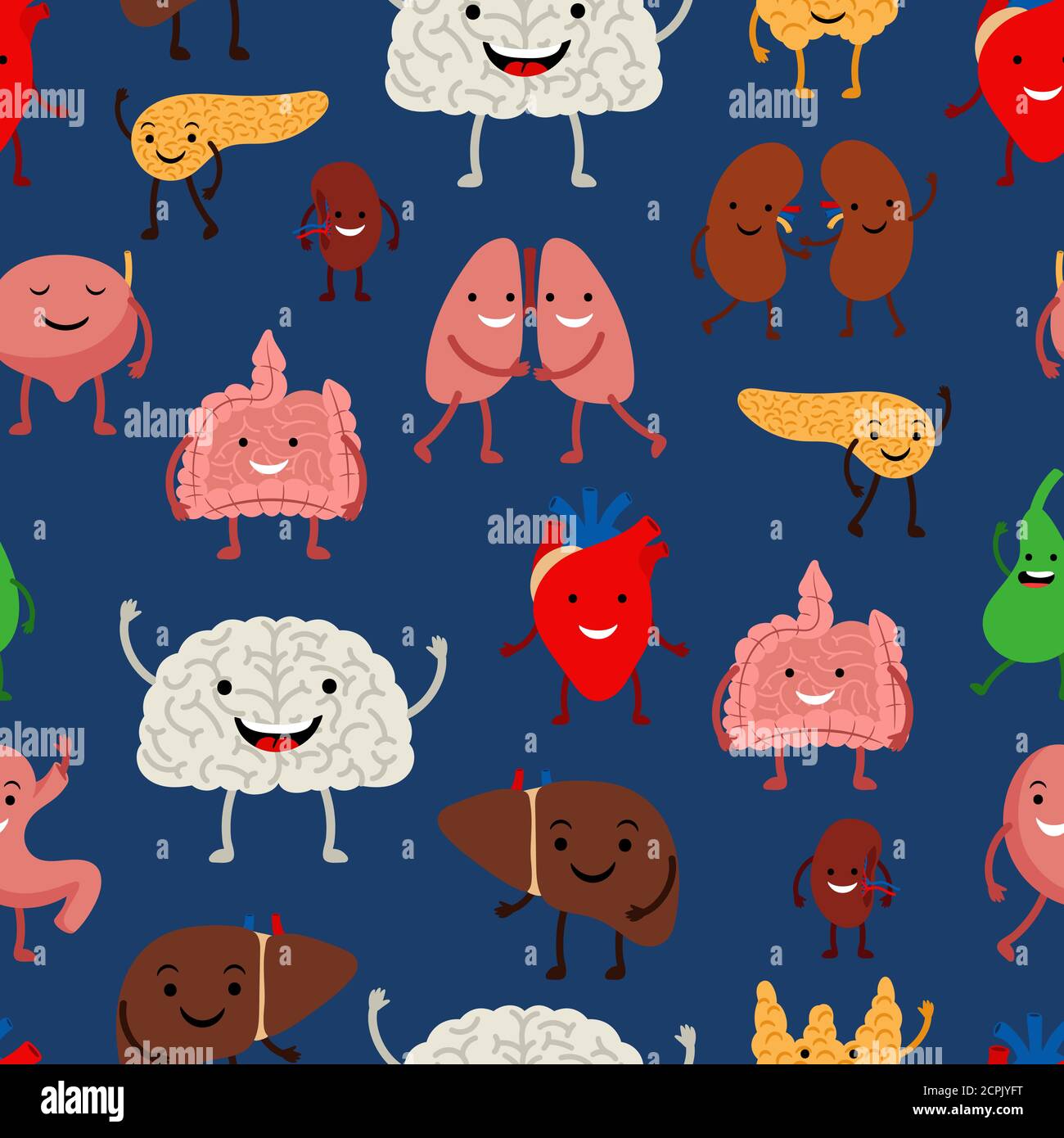 Menschliche innere Organe emoji nahtlose Muster auf dunkelblauem Hintergrund, Vektor-Illustration Stock Vektor
