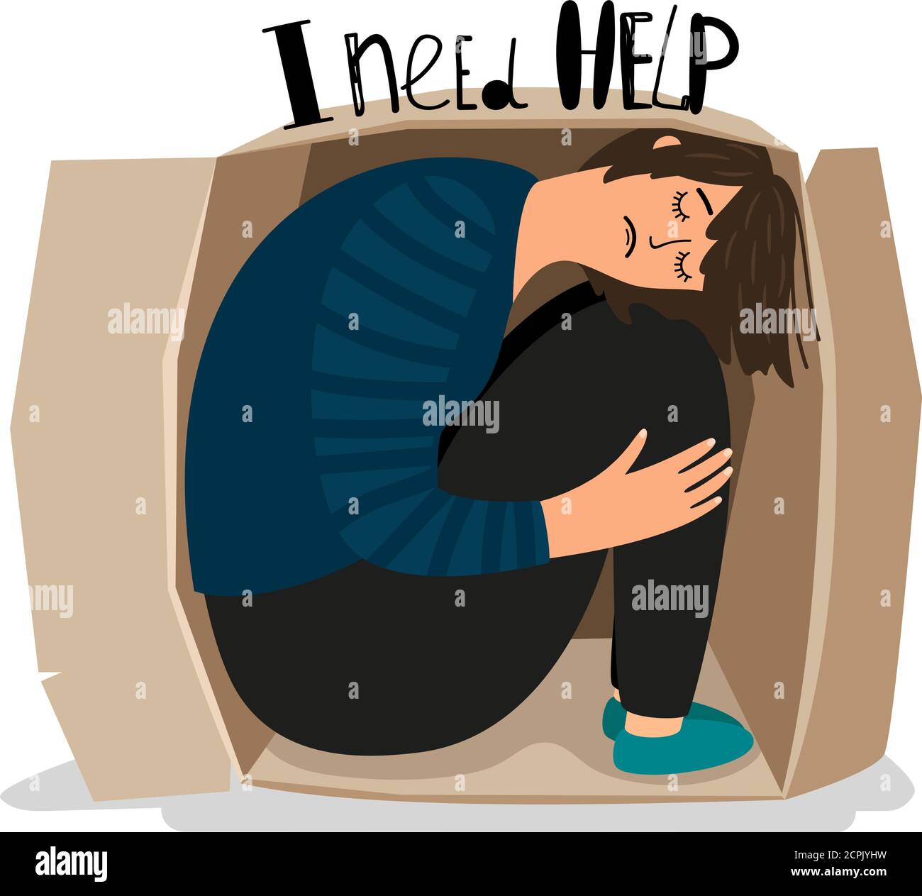 Mädchen Depression. Traurig deprimiert junge Frau in Karton Vektor-Illustration, introvertiert Traurigkeit Teenager, allein Dame Gefangene Stock Vektor