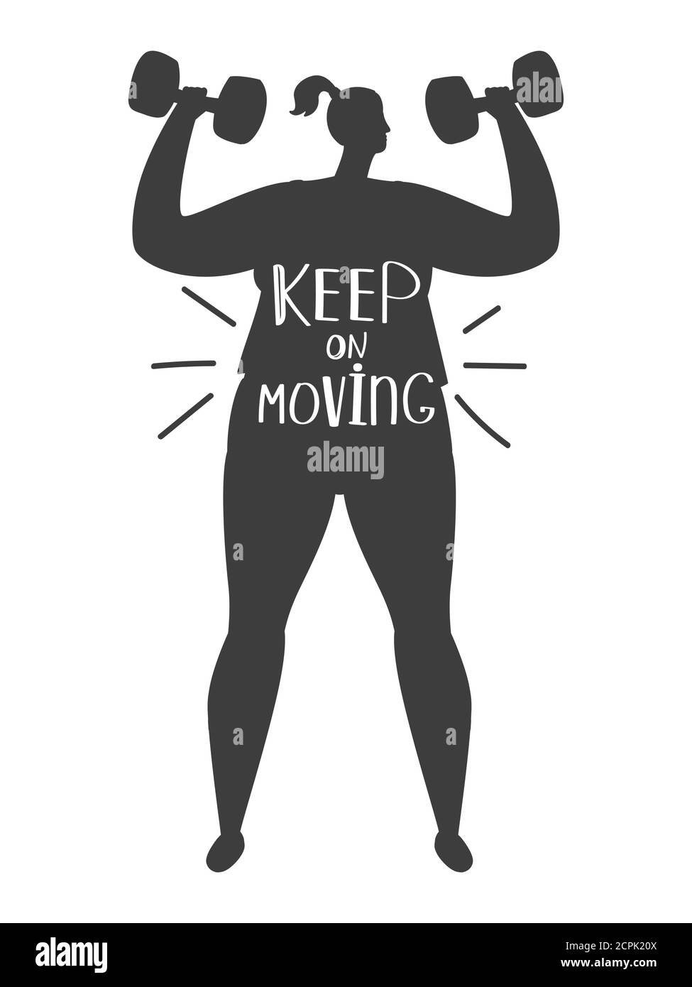 Übergewichtige Frau Training Silhouette und Schriftzug halten in Bewegung, Vektor positive Sport Motivation Stock Vektor