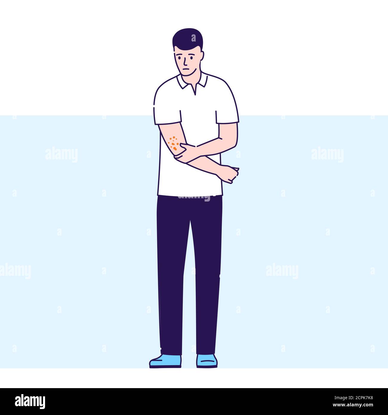 Kerl mit Hautausschlag Vektor-Illustration. Dermatologische Erkrankungen. Juckende Stellen am Körper. Isolierte Zeichentrickfigur auf blauem Hintergrund. Stock Vektor