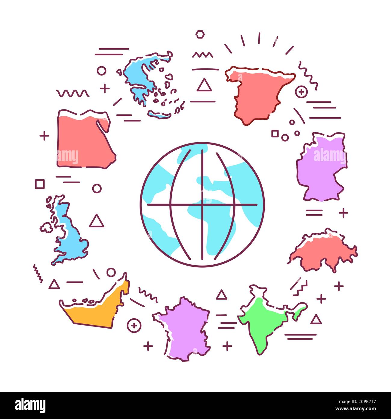 Webbanner für Länder. Verschiedene Länder der Welt aus allen Kontinenten. Infografiken mit linearen Symbolen auf weißem Hintergrund. Kreative Idee Konzept Stockfoto
