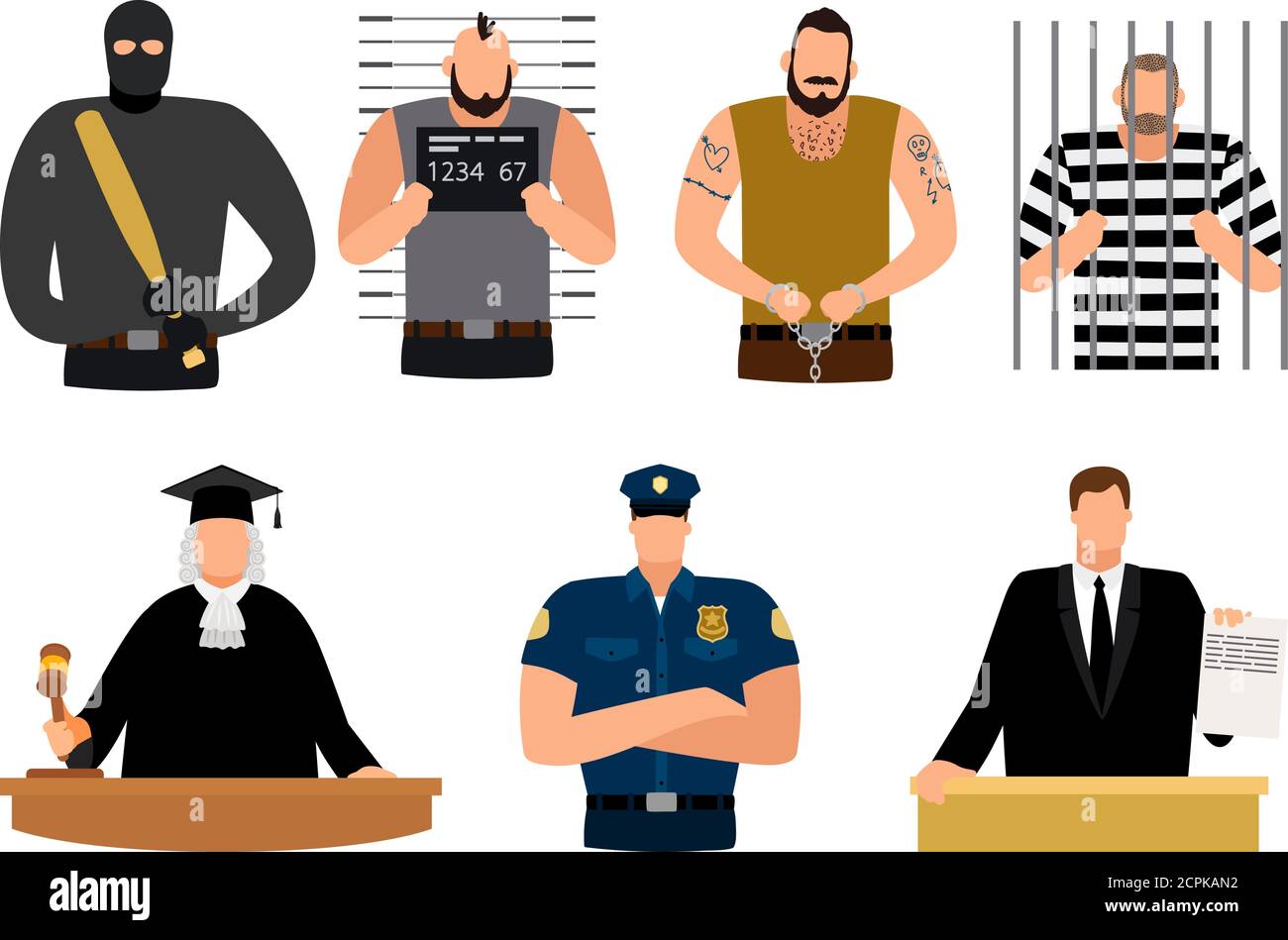 Justiz Menschen, Gefangene und Angeklagte, Polizist, Richter und Anwalt. Vektor Mörder und Staatsanwalt Illustration Stock Vektor