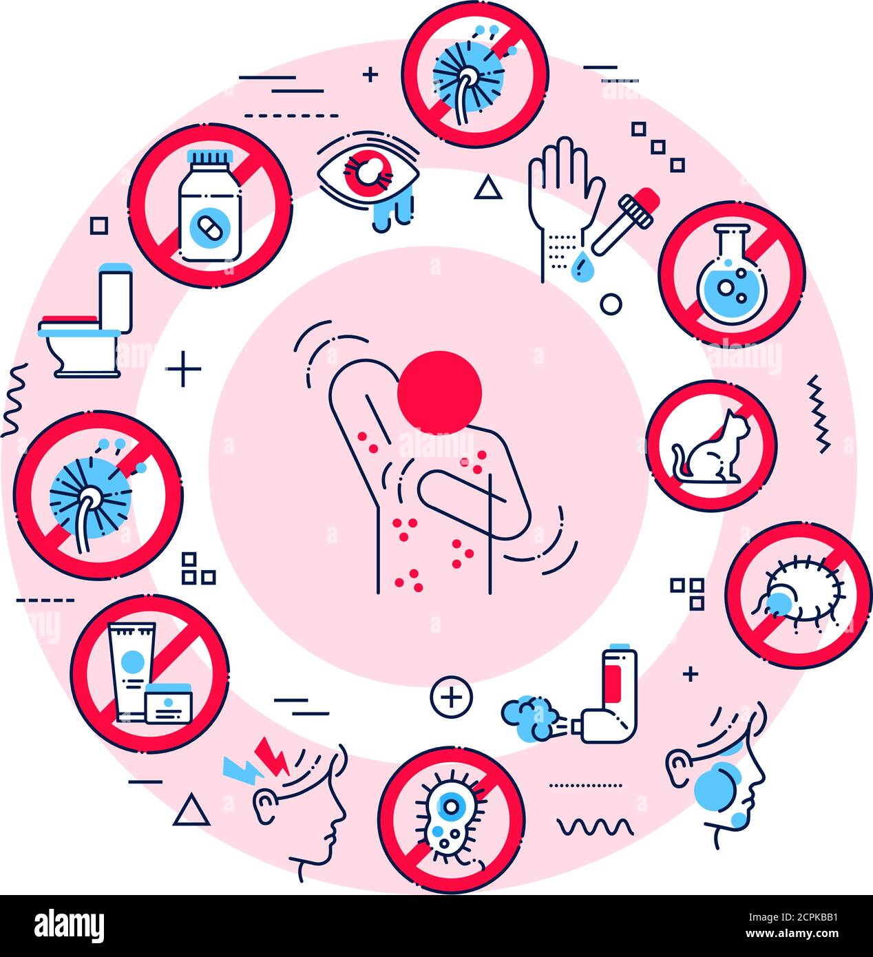 Webbanner zu Allergiesymptomen. Dermatologische, infektiöse Erkrankung. Infografiken mit linearen Symbolen auf rotem Hintergrund. Kreative Idee Konzept. Isoliert Stock Vektor