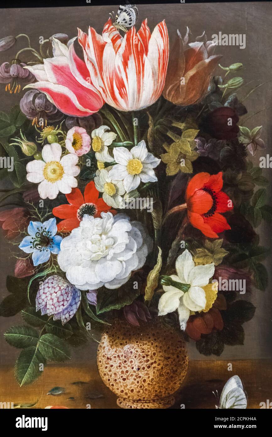 Blumenstille-Lebensmalerei mit dem Titel 'Blumen in einer Serpentine Vase' von Osaias Beert dem Älteren aus dem Jahr 1615 Stockfoto