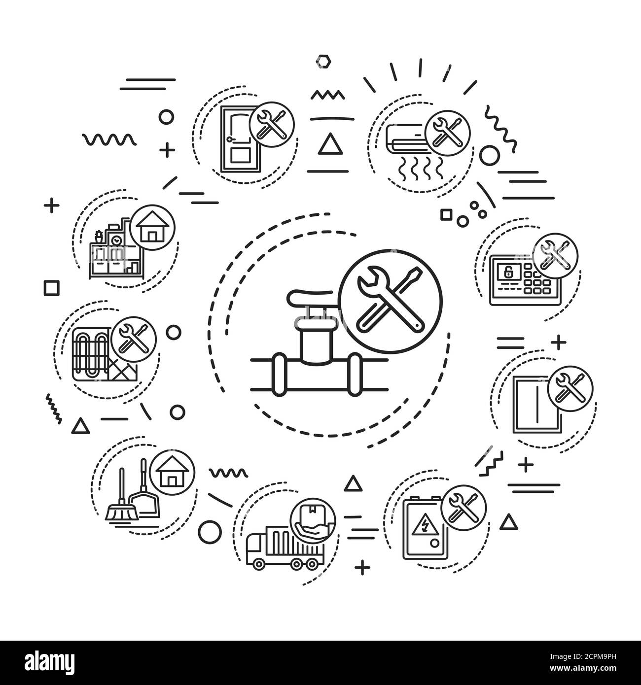Webbanner für Handyman-Dienste. Einschließlich Reparaturarbeiten, Wartungsarbeiten, sowohl innen als auch außen. Infografiken mit linearen Symbolen auf Schwarz Stock Vektor