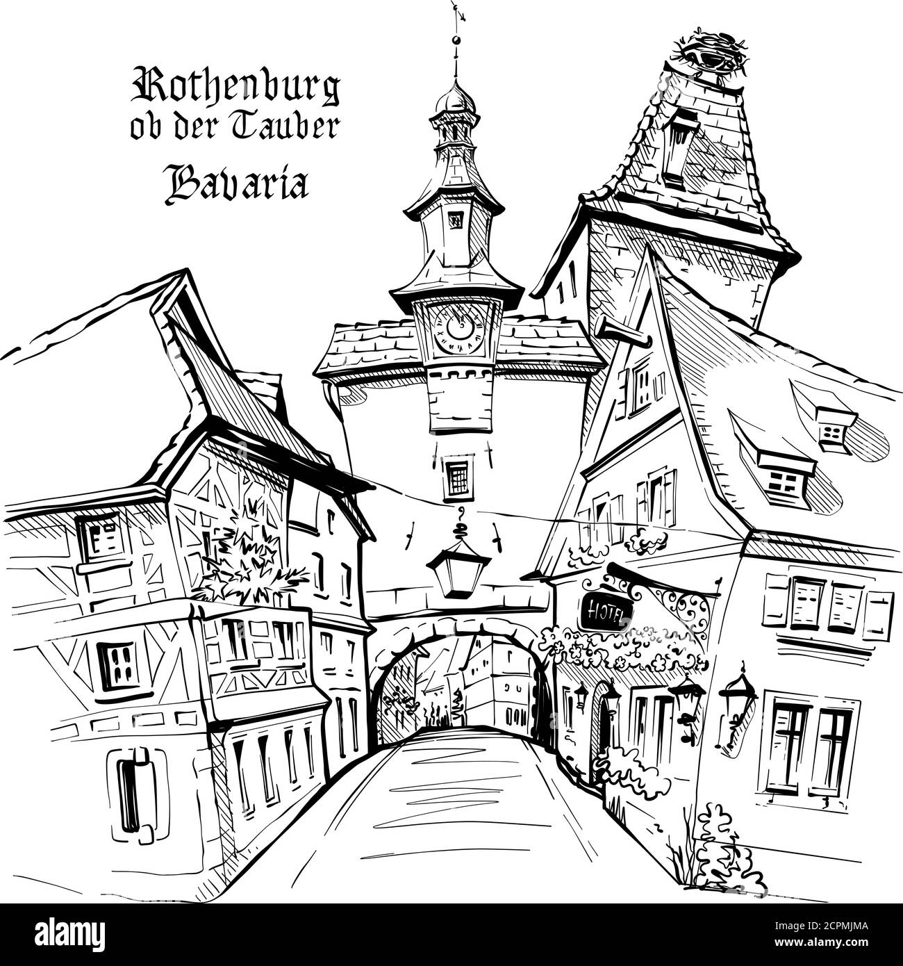 Vektorskizze von Markusturm in der mittelalterlichen Altstadt von Rothenburg ob der Tauber, Bayern Stock Vektor