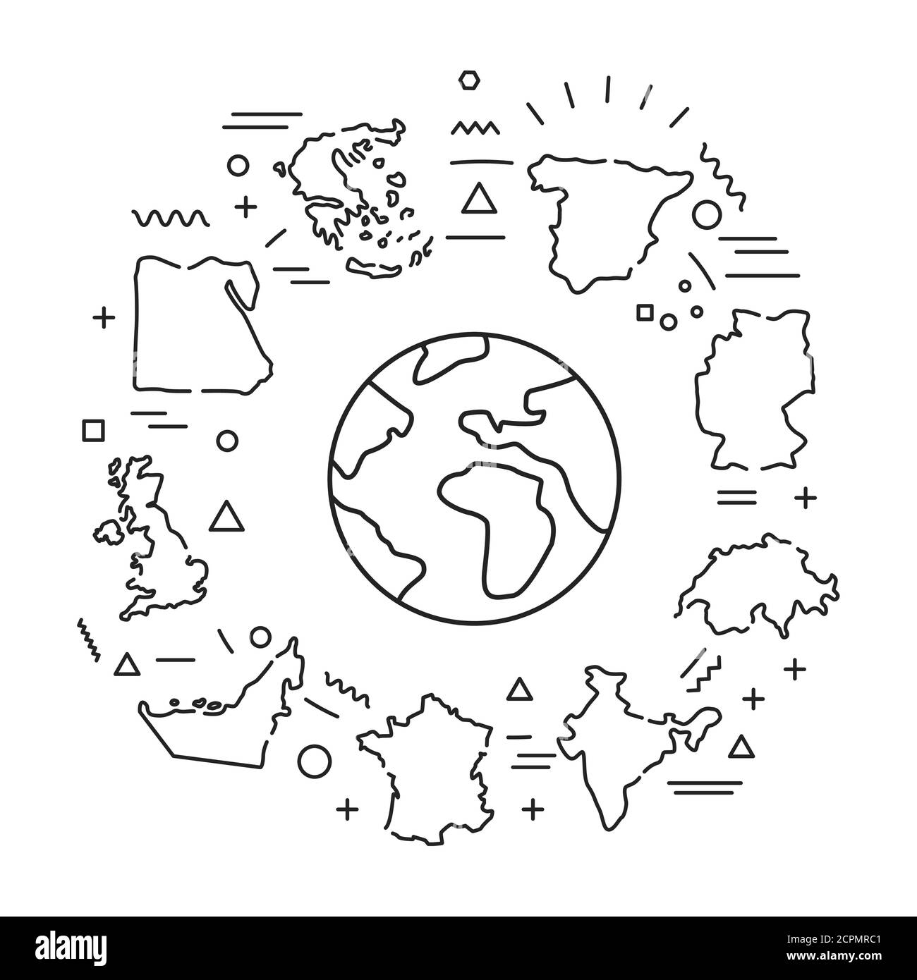 Webbanner für Länder. Verschiedene Länder der Welt aus allen Kontinenten. Infografiken mit linearen Symbolen auf weißem Hintergrund. Kreative Idee Konzept Stock Vektor