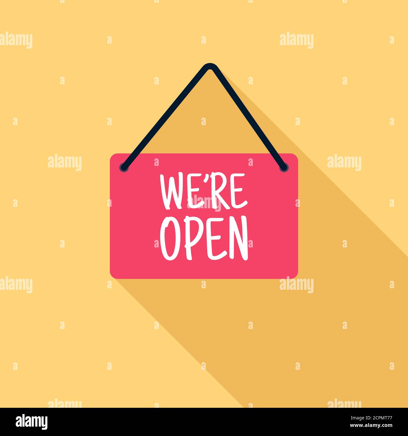 Hängeschild mit Text kommen in wir sind offen Symbol isoliert mit langen Schatten. Business-Thema für Café oder Restaurant. Flaches Design. Vektorgrafik. Stock Vektor