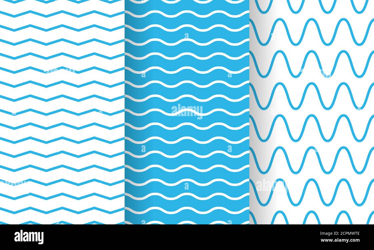 Separate Wellen, wellige endlose Streifen Muster Set, Sammlung. Gewundene Streifen, Riegel, krumme Doodle-Linien. Wasser, Meer, Fluss, Marine, Marinestrukturen Stock Vektor
