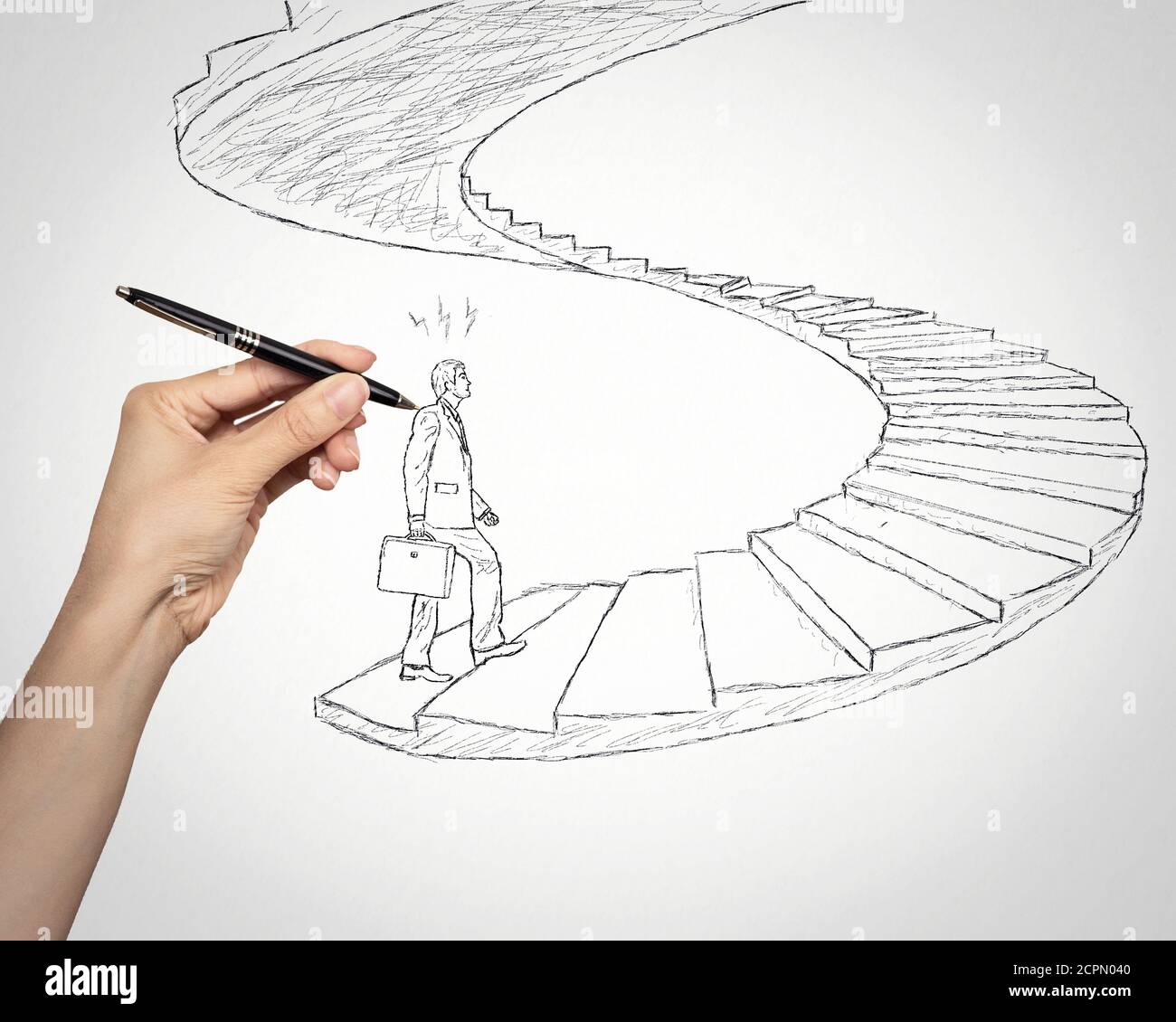 Skizze eines Geschäftsmanns, der die Treppen hinauf zu einer geschlossenen Bürotür des Unternehmens führt. Förderung Herausforderung Karriere Konzept. Lebenswahrnehmung Vision attitu Stockfoto