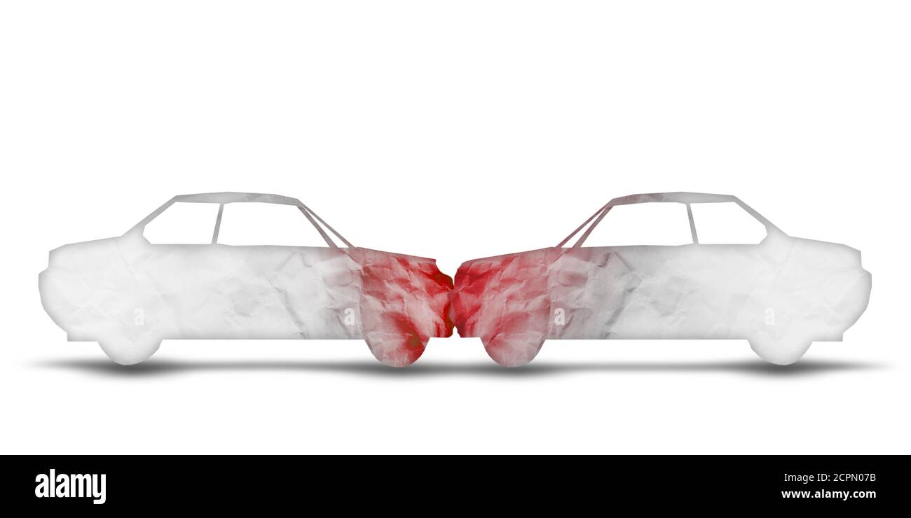 Konzept für den Autounfall-Crash. Zwei Papaer Autos beschädigt und verbeult in Front-Kollisionsunfall. Versicherung Verkehrssicherheit, Gefahr von betrunkenem Fahren Stockfoto