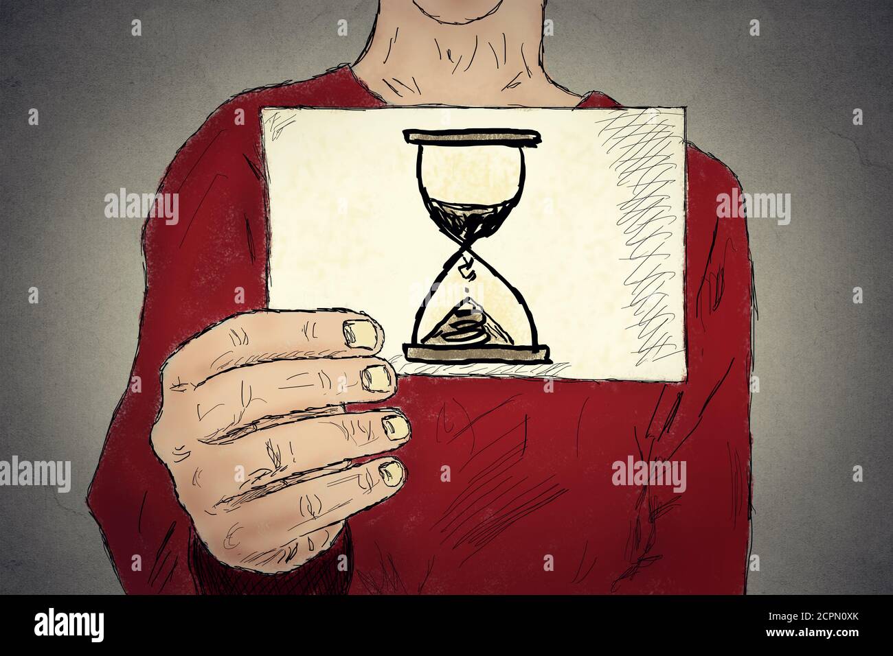 Zeitmanagement Produktivitätskonzept. Nahaufnahme Mann Hand hält weiße Karte mit Sanduhr Zeichen isoliert auf grauen Wand Büro Hintergrund. Retro instagra Stockfoto