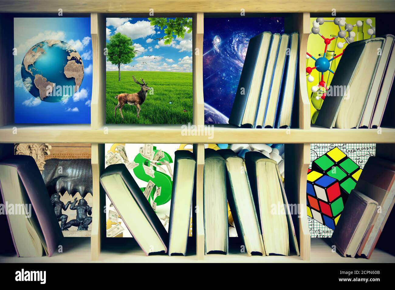 Magisches Bücherregal mit Büchern zu verschiedenen Themen Stockfoto