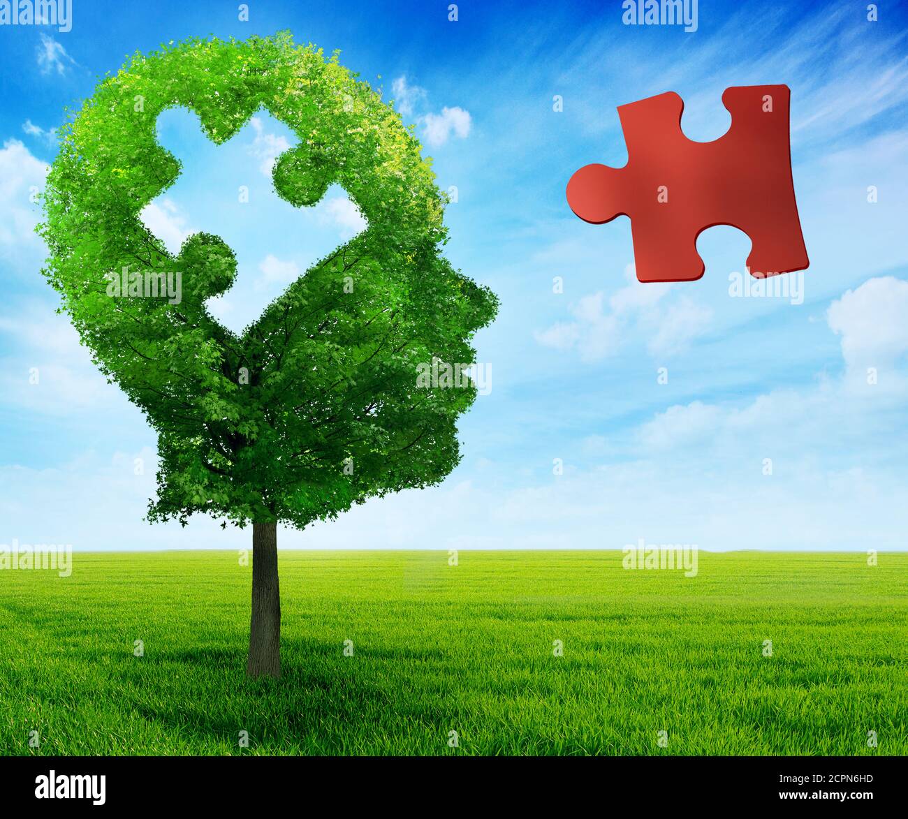 Puzzle Kopf Gehirn psychische Gesundheit Symbol Konzept. Baum in einer Form von menschlichen Kopf Gesicht Profil mit Puzzleteil auf blauem Himmel Hintergrund geschnitten. Stockfoto