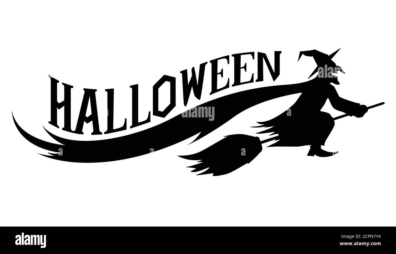 Hexe fliegt auf einem Besenstiel, mit dem Wort Halloween. Clip Art. Vektorgrafik. Für Web, Events, Mode, Grafikdesign Stock Vektor