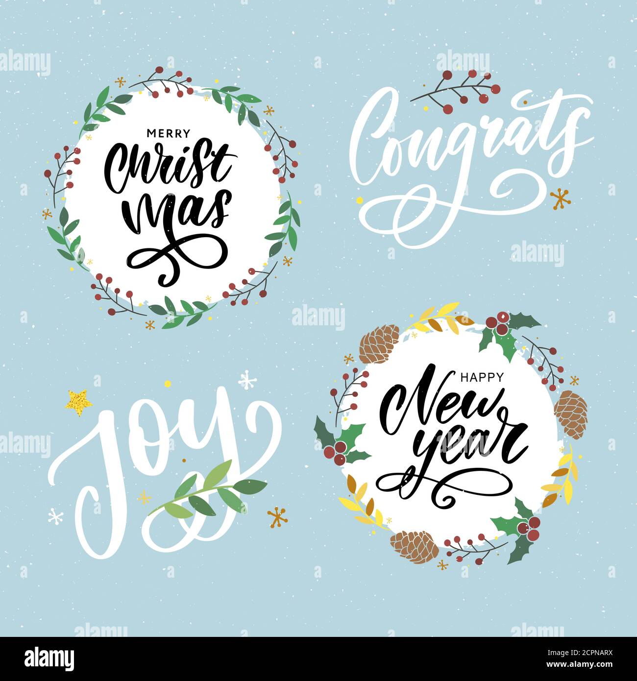 Weihnachten, Neujahr, Winterposter. Weihnachtsgruß-Konzept. Drucken Sie die Vektorgrafik des Designs. Vektor Kalligraphie Illustration. Slogan-Set Stock Vektor