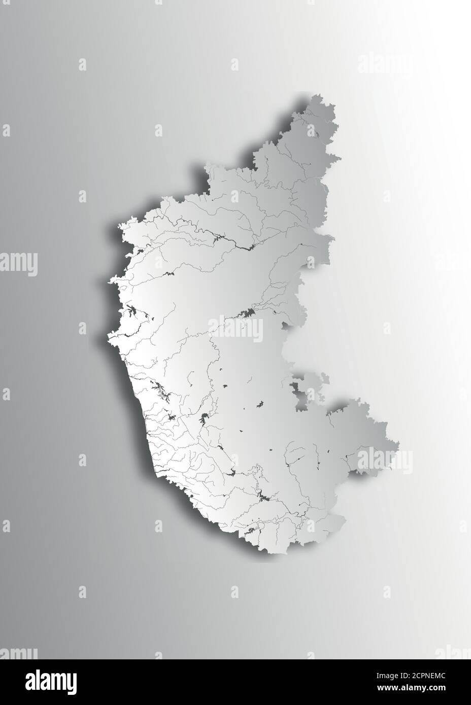 Indien Staaten - Karte von Karnataka mit Papierschnitt-Effekt. Flüsse und Seen werden angezeigt. Bitte sehen Sie sich meine anderen Bilder der kartographischen Serie an - they are al Stock Vektor