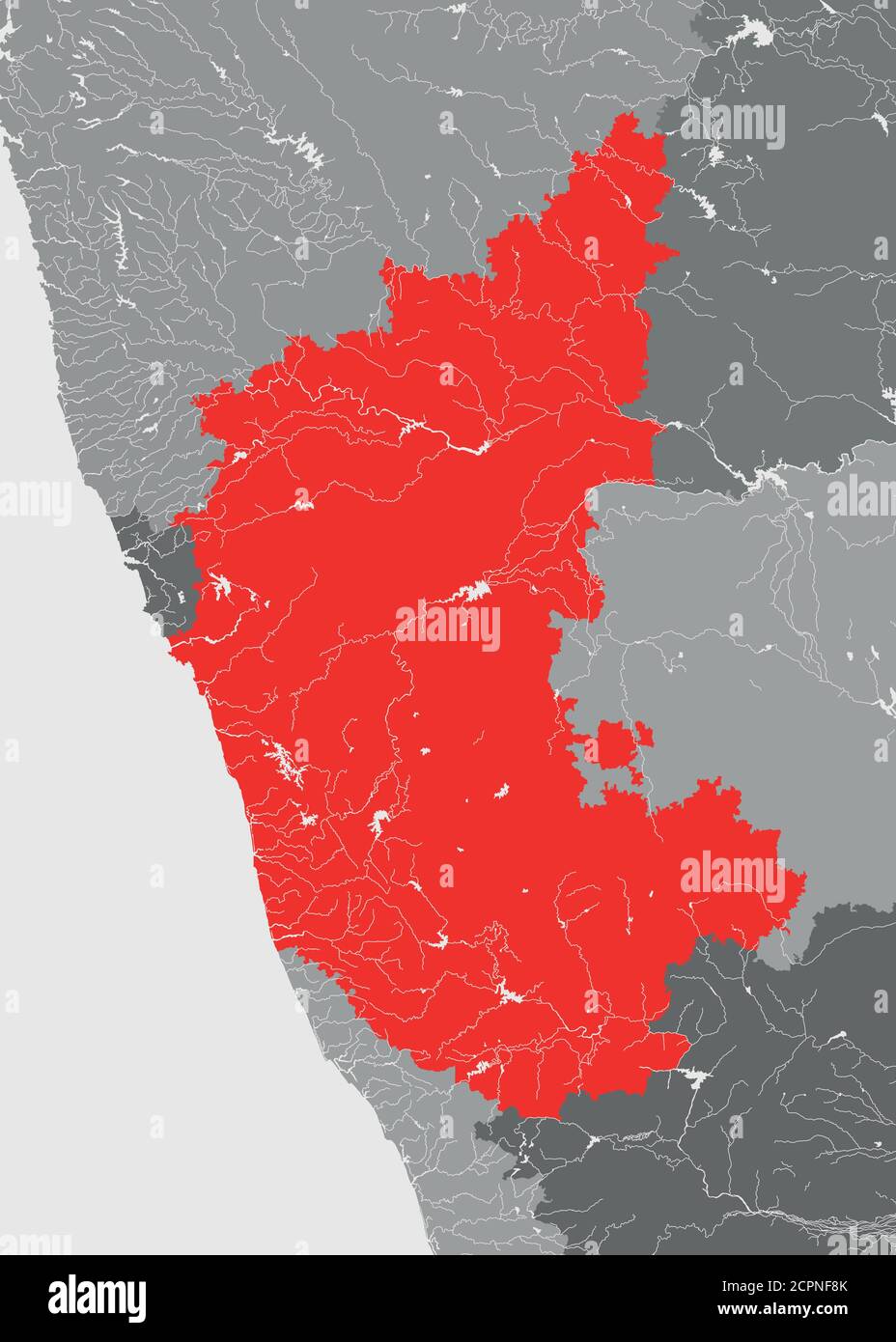 Indien Staaten - Karte von Karnataka. Handgemacht. Flüsse und Seen werden angezeigt. Bitte schauen Sie sich meine anderen Bilder von kartographischen Serien an - sie sind alle sehr deta Stock Vektor
