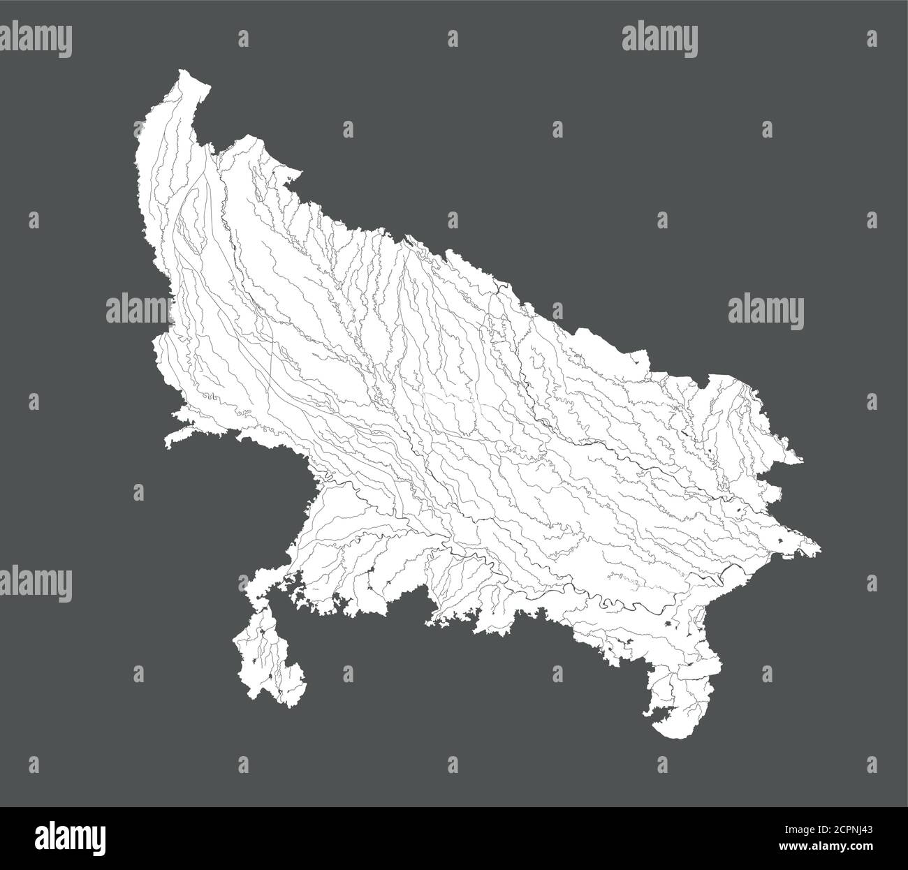Indien Staaten - Karte von Uttar Pradesh. Handgemacht. Flüsse und Seen werden angezeigt. Bitte sehen Sie sich meine anderen Bilder von kartographischen Serien an - sie sind alle sehr Stock Vektor