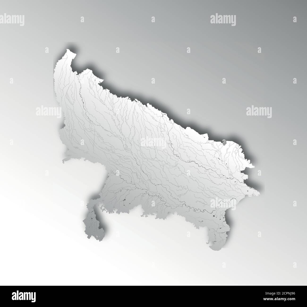 Indien Staaten - Karte von Uttar Pradesh mit Papier Schnitt-Effekt. Flüsse und Seen werden angezeigt. Bitte sehen Sie sich meine anderen Bilder der Kartographischen Serie an - they ar Stock Vektor